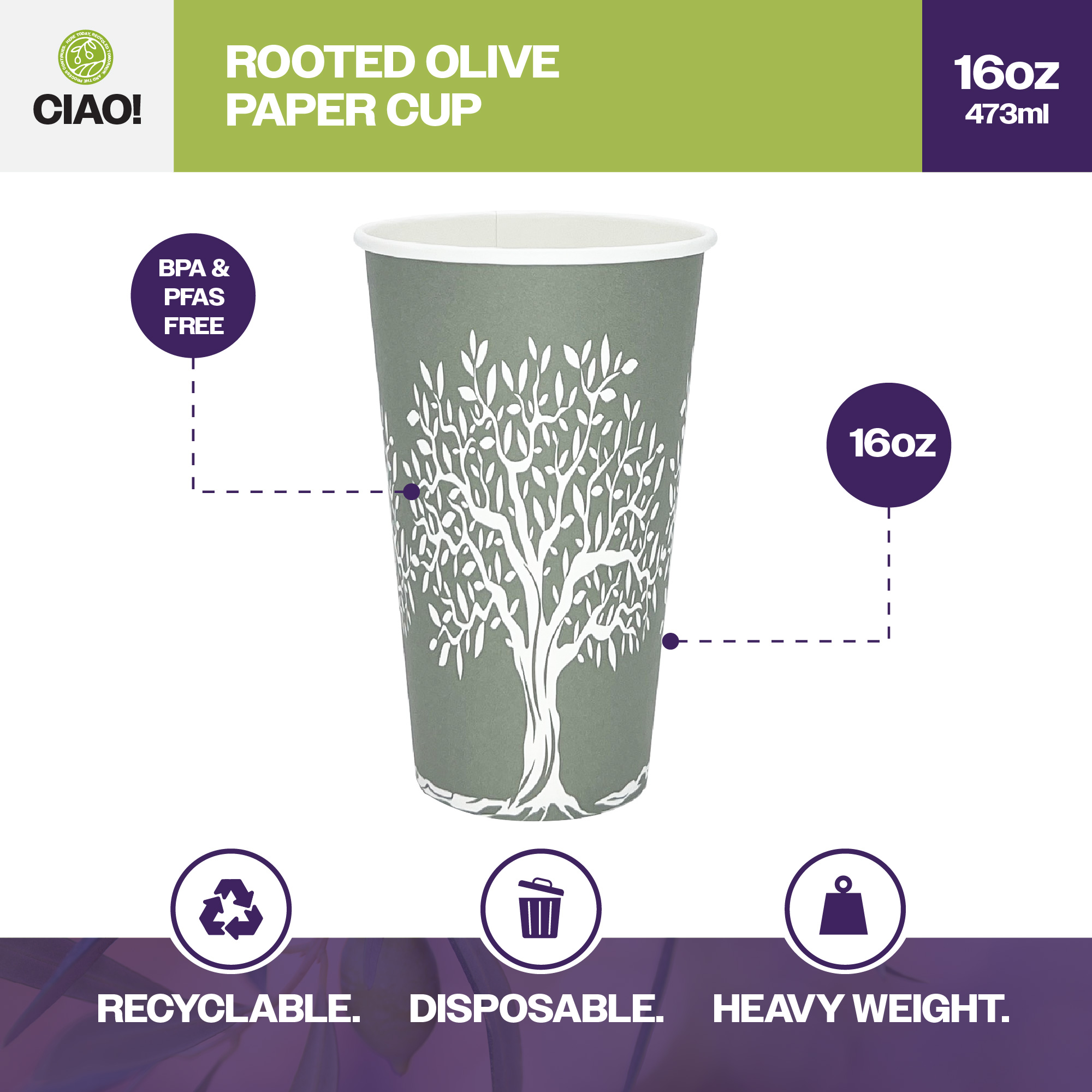 CIAO! 16oz Paper Hot Cup, Rooted Olive Print, (Case of 1,000) - Image 3