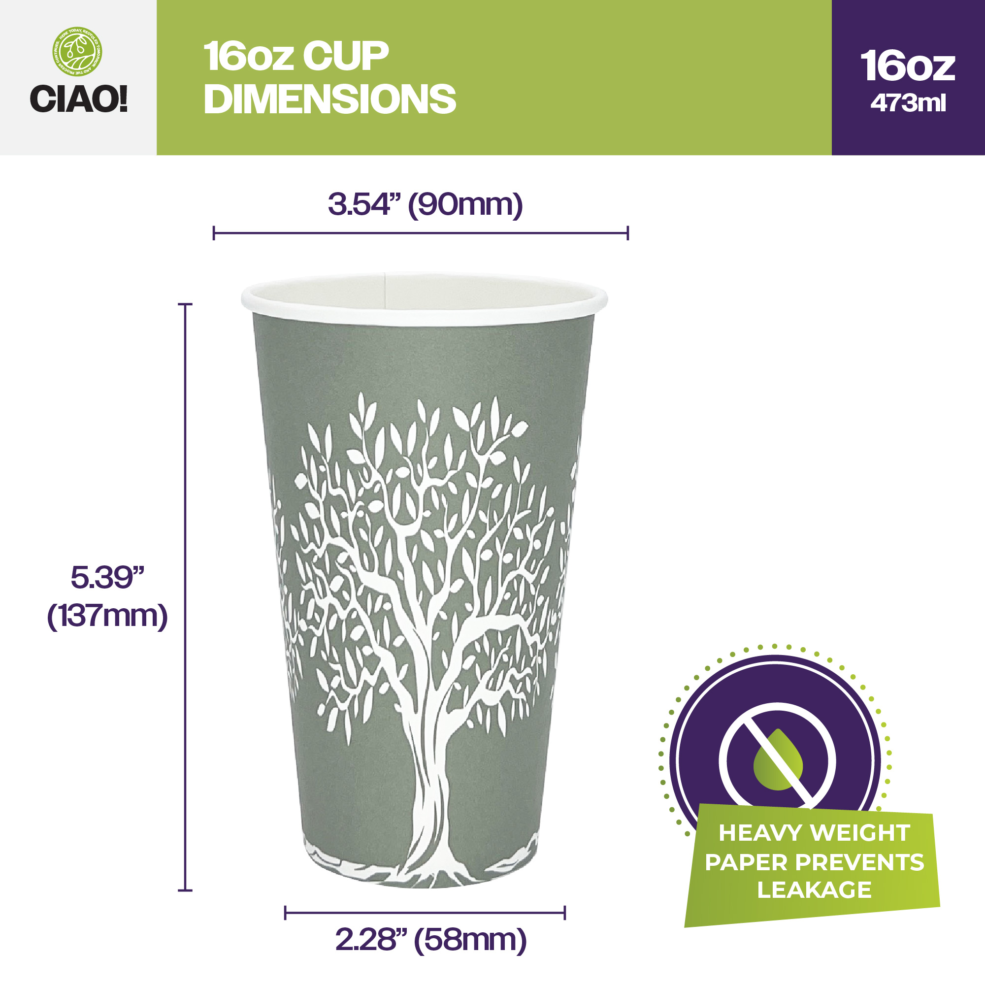 CIAO! 16oz Paper Hot Cup, Rooted Olive Print, (Case of 1,000) - Image 2
