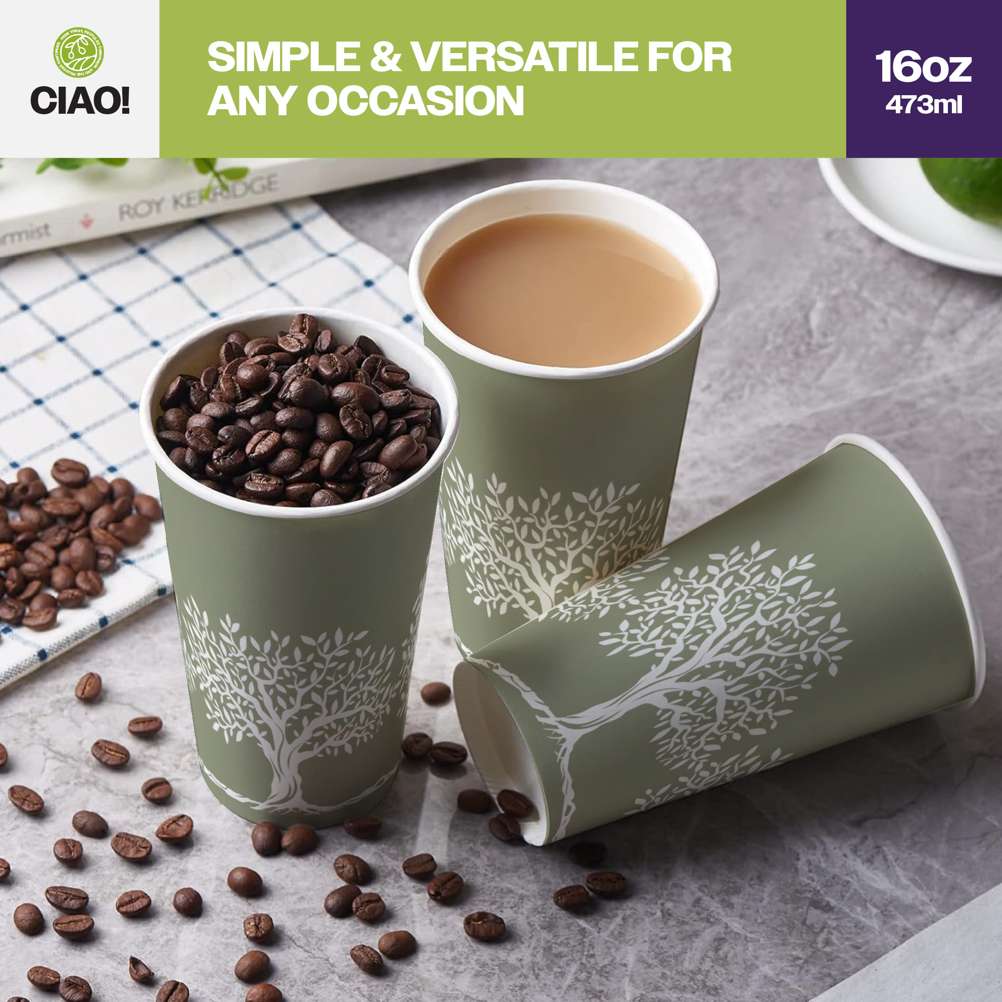 CIAO! 16oz Paper Hot Cup, Rooted Olive Print, (Case of 1,000) - Image 7