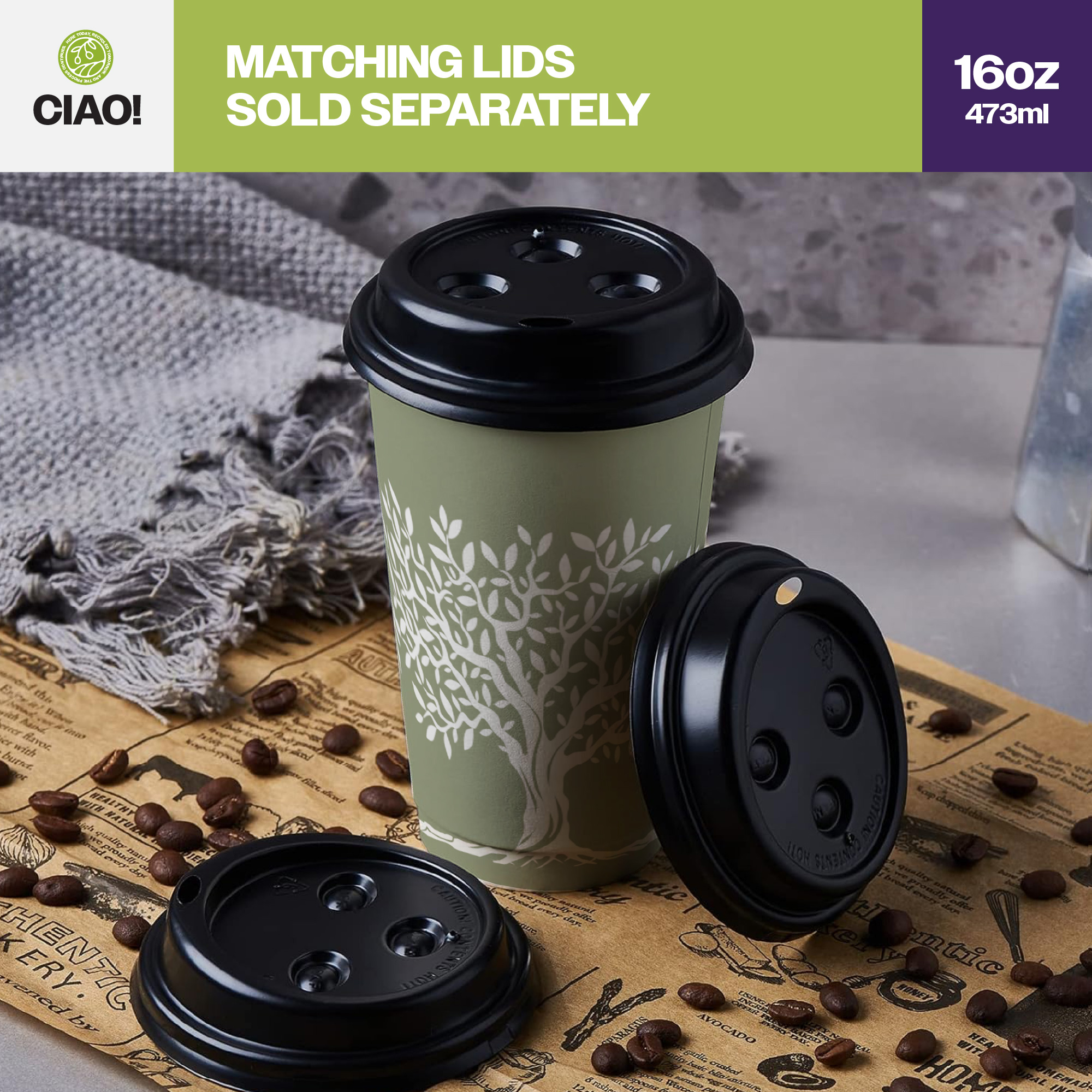 CIAO! 16oz Paper Hot Cup, Rooted Olive Print, (Case of 1,000) - Image 6