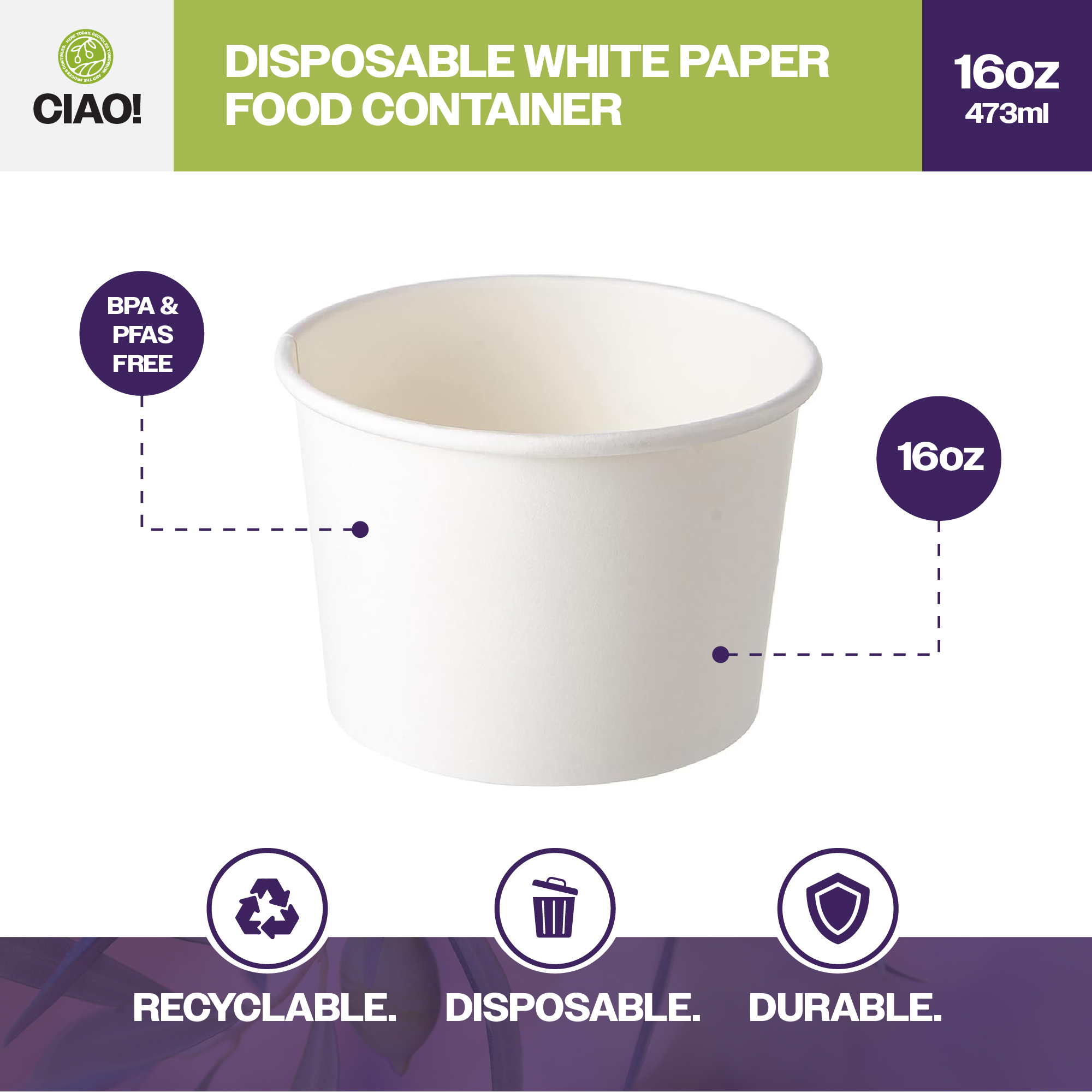 CIAO! 16 oz Disposable White Paper Food Container, 115mm Diameter, Lids Sold Separately (500/case) - Image 3