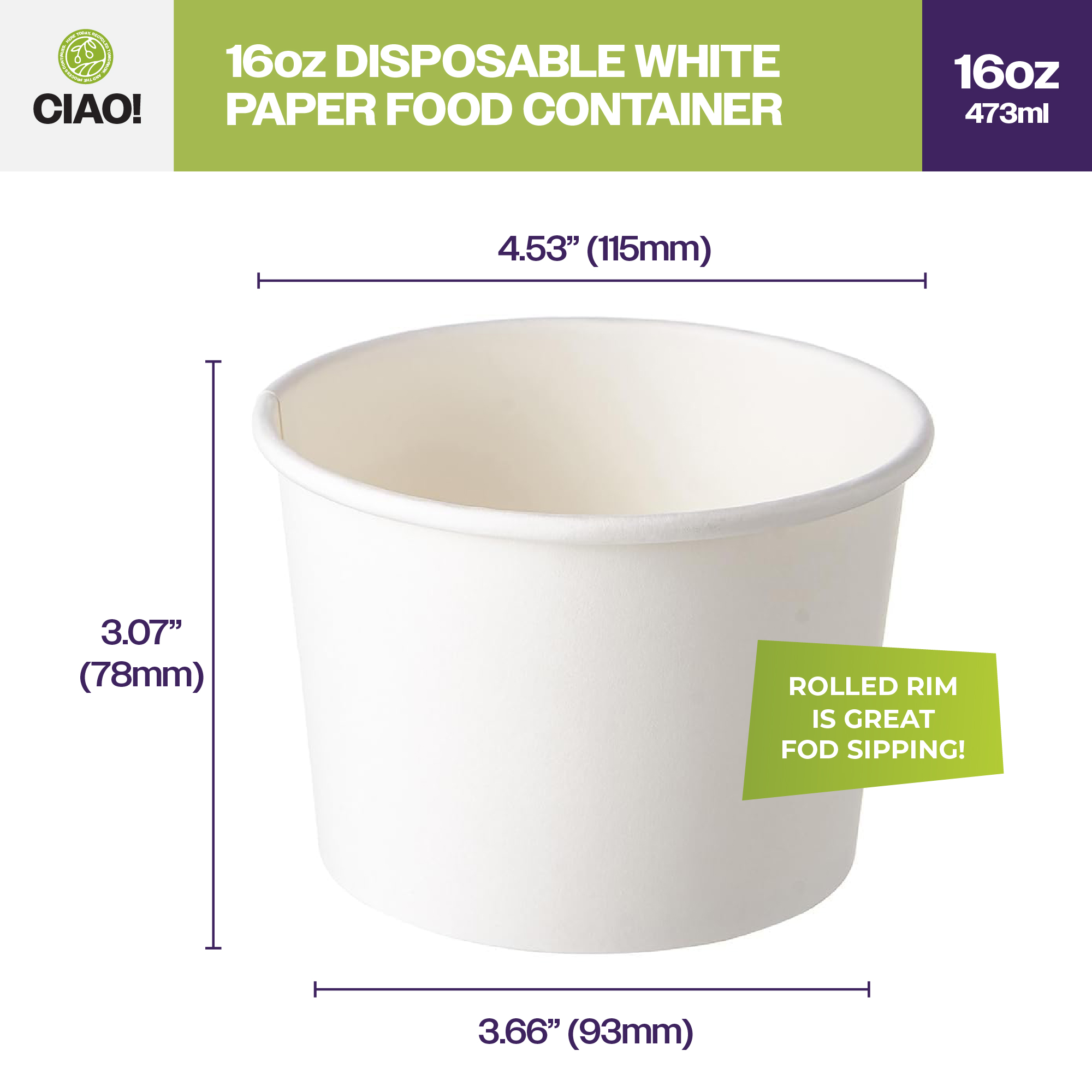 CIAO! 16 oz Disposable White Paper Food Container, 115mm Diameter, Lids Sold Separately (500/case) - Image 2