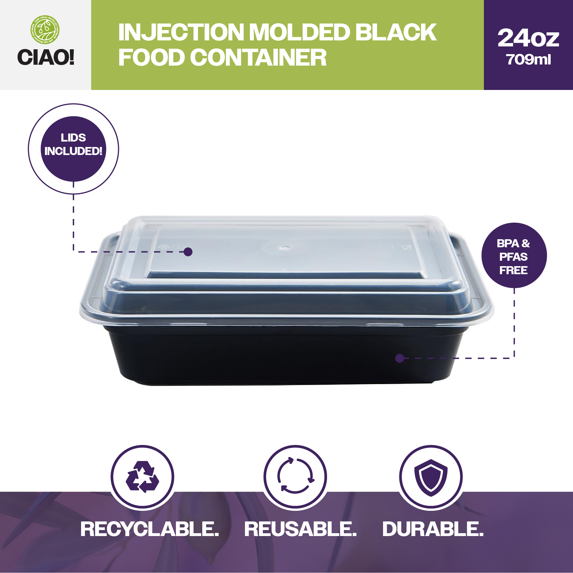 CIAO! Heavy Weight 24 oz Injection Molded Microwavable Black Rectangular Food Container with Lid (150/case) - Image 3