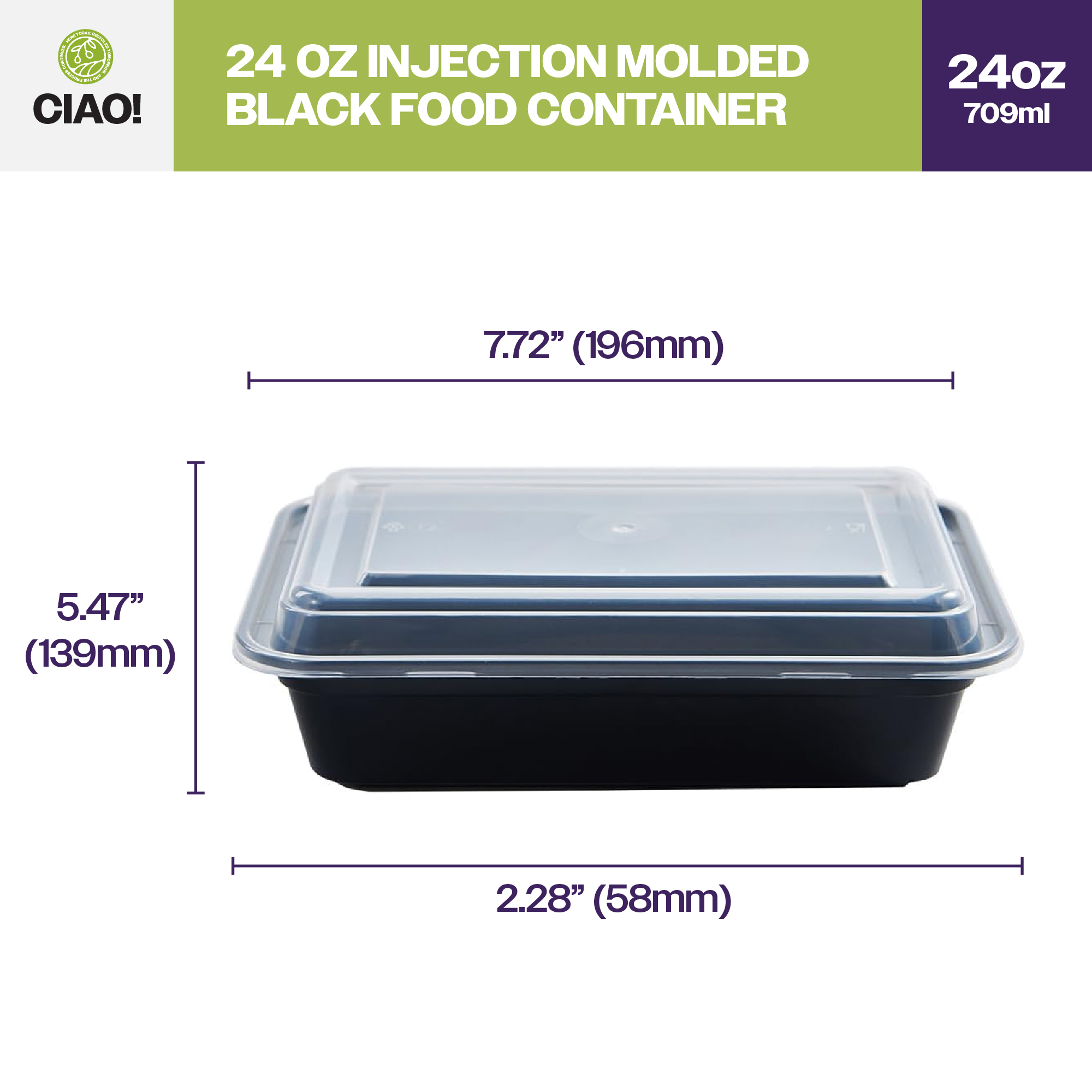 CIAO! Heavy Weight 24 oz Injection Molded Microwavable Black Rectangular Food Container with Lid (150/case) - Image 2