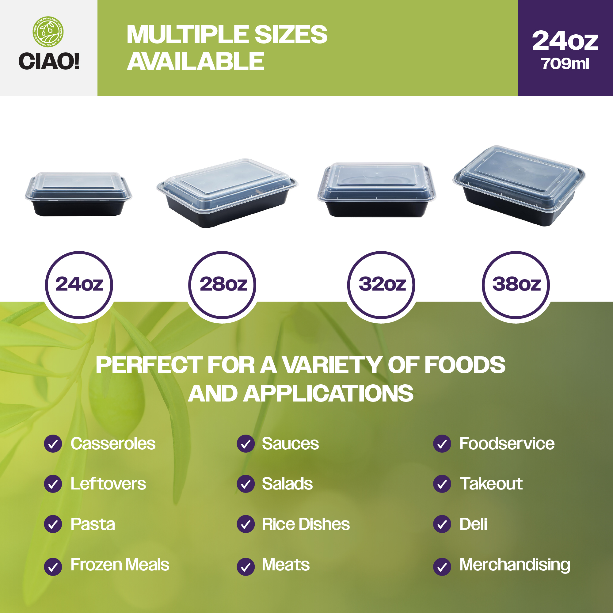 CIAO! Heavy Weight 24 oz Injection Molded Microwavable Black Rectangular Food Container with Lid (150/case) - Image 5