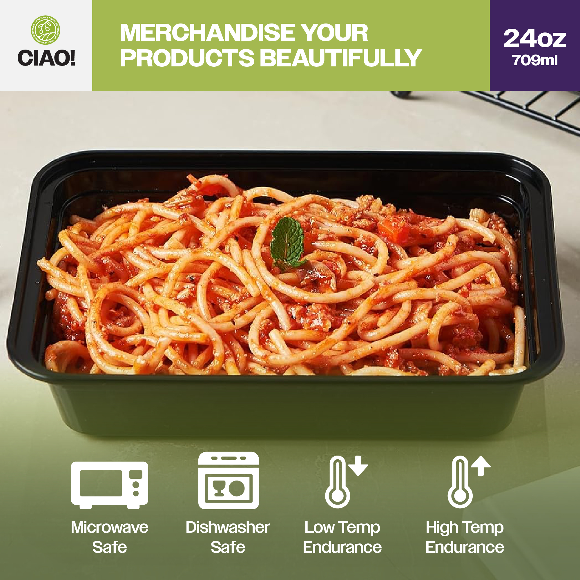 CIAO! Heavy Weight 24 oz Injection Molded Microwavable Black Rectangular Food Container with Lid (150/case) - Image 7