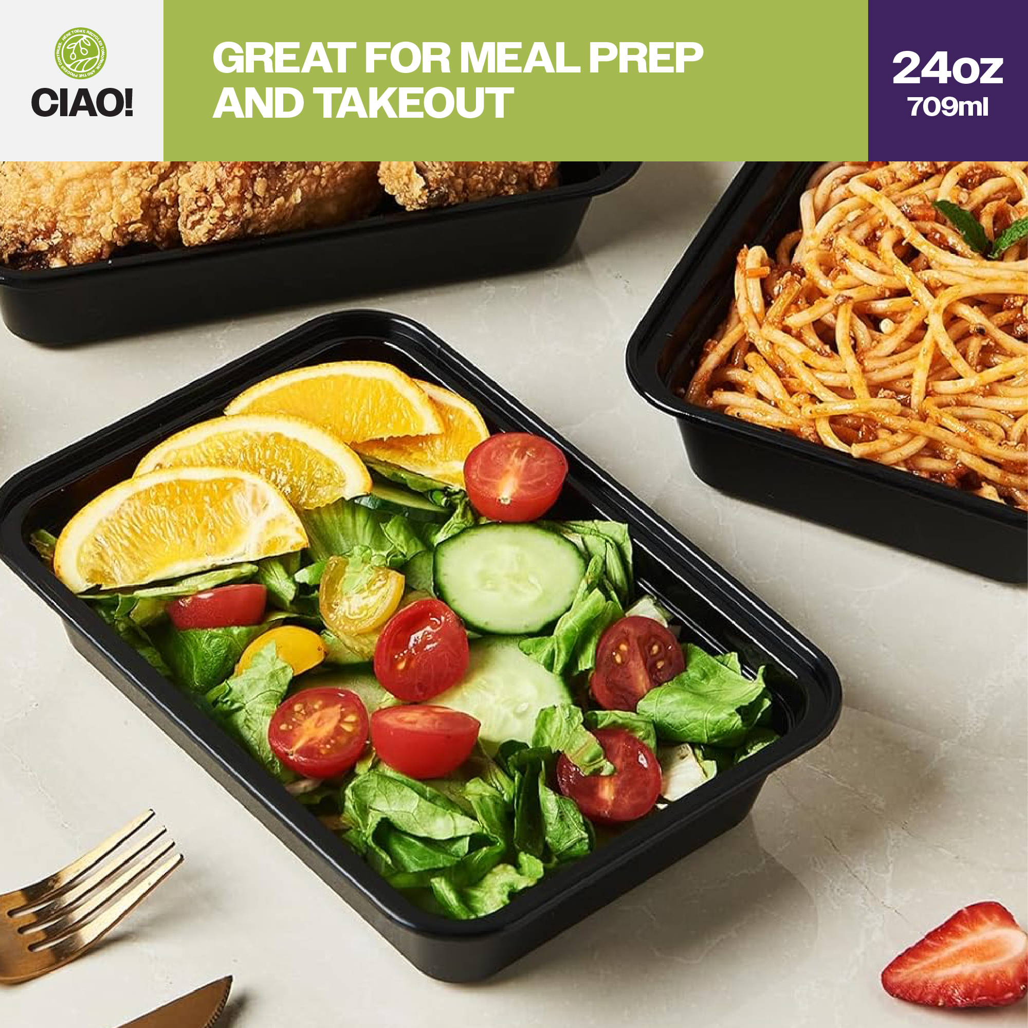 CIAO! Heavy Weight 24 oz Injection Molded Microwavable Black Rectangular Food Container with Lid (150/case) - Image 6