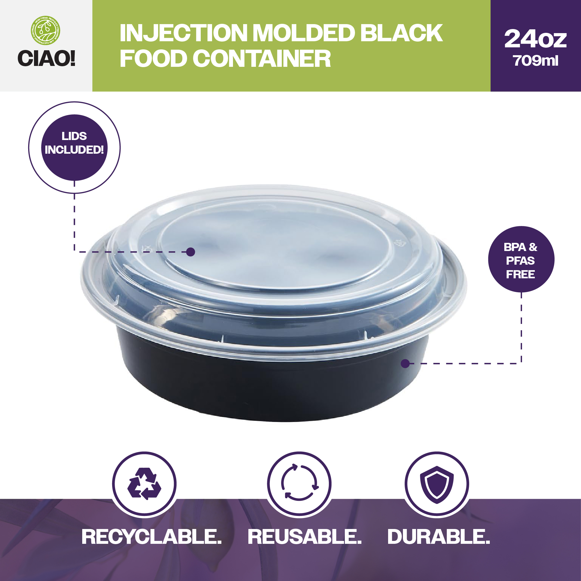 CIAO! Heavy Weight 24 oz Injection Molded Microwavable Black Round Food Container with Lid (150/case) - Image 3