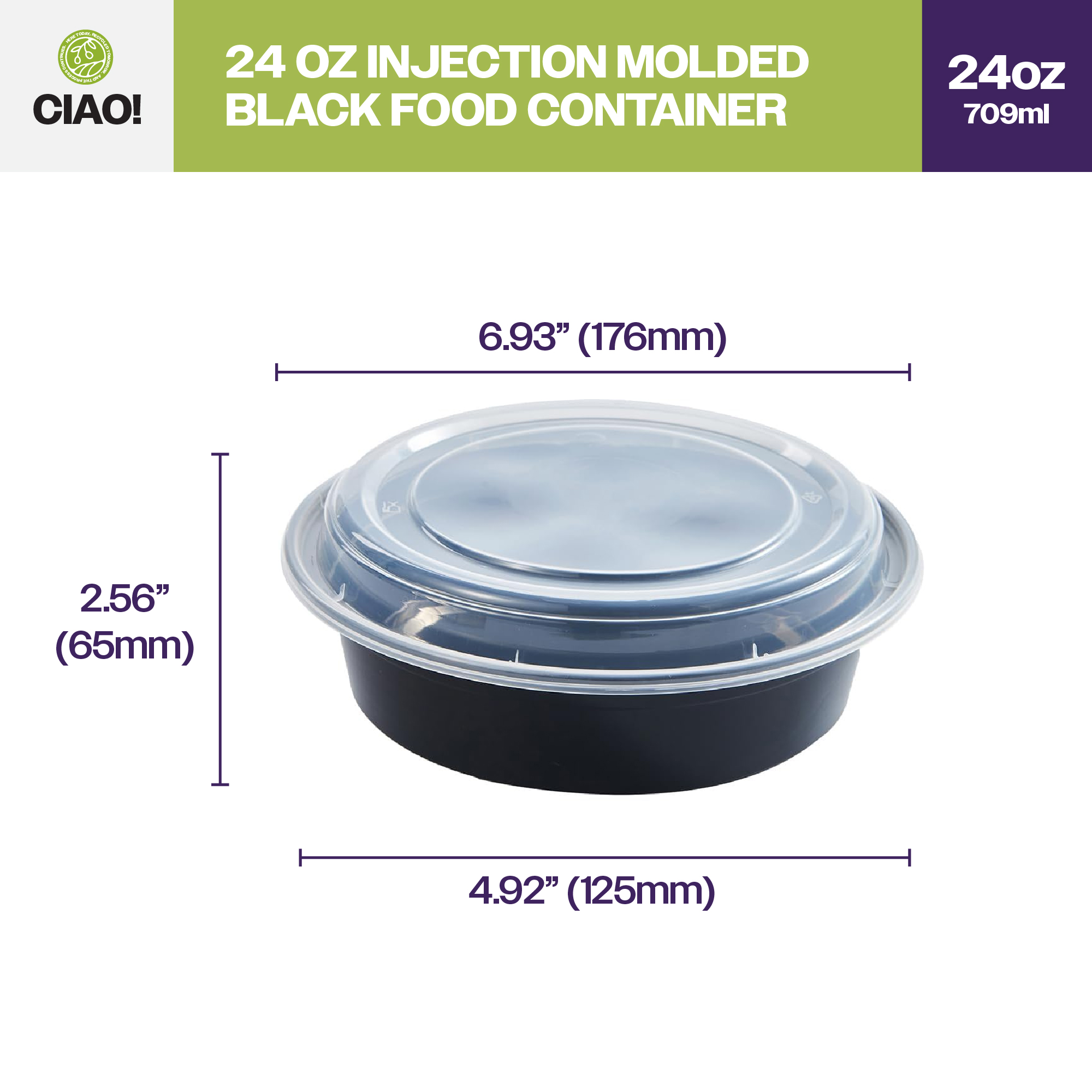 CIAO! Heavy Weight 24 oz Injection Molded Microwavable Black Round Food Container with Lid (150/case) - Image 2