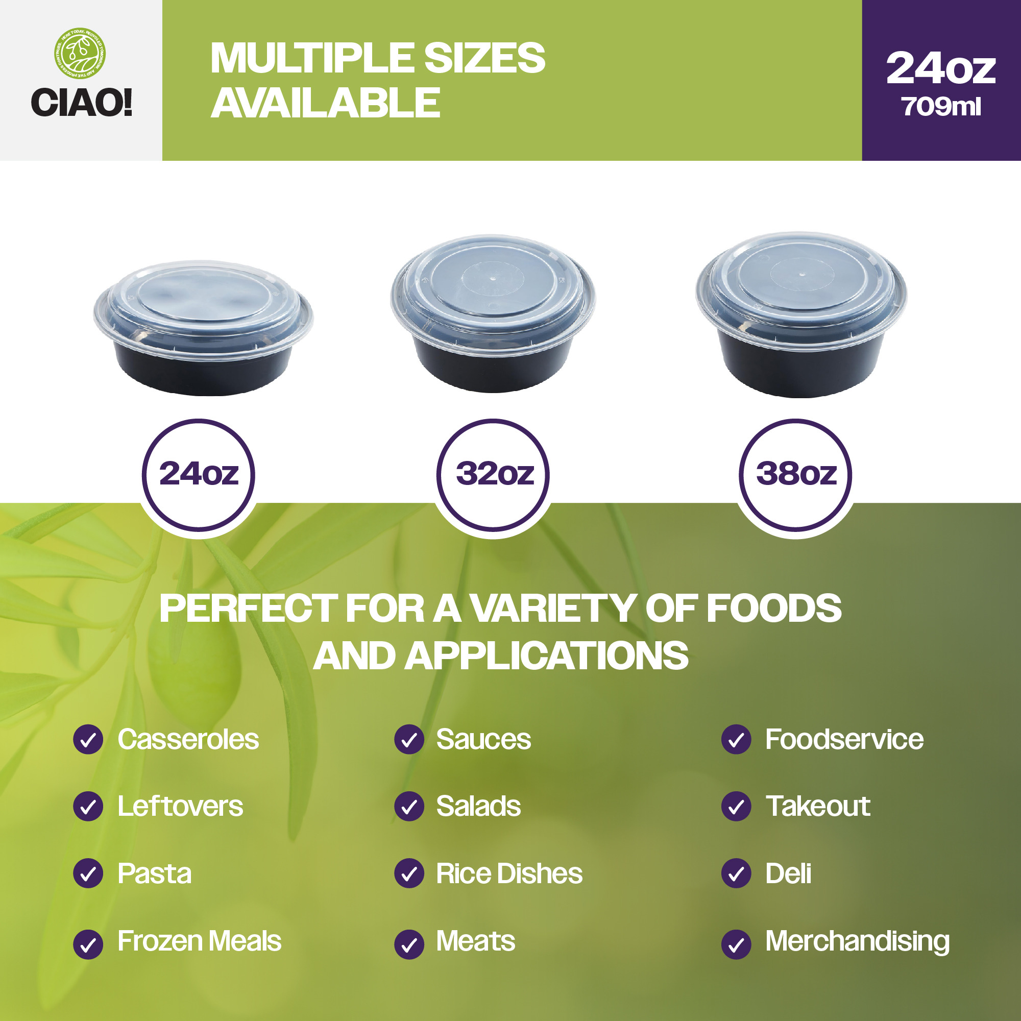 CIAO! Heavy Weight 24 oz Injection Molded Microwavable Black Round Food Container with Lid (150/case) - Image 5