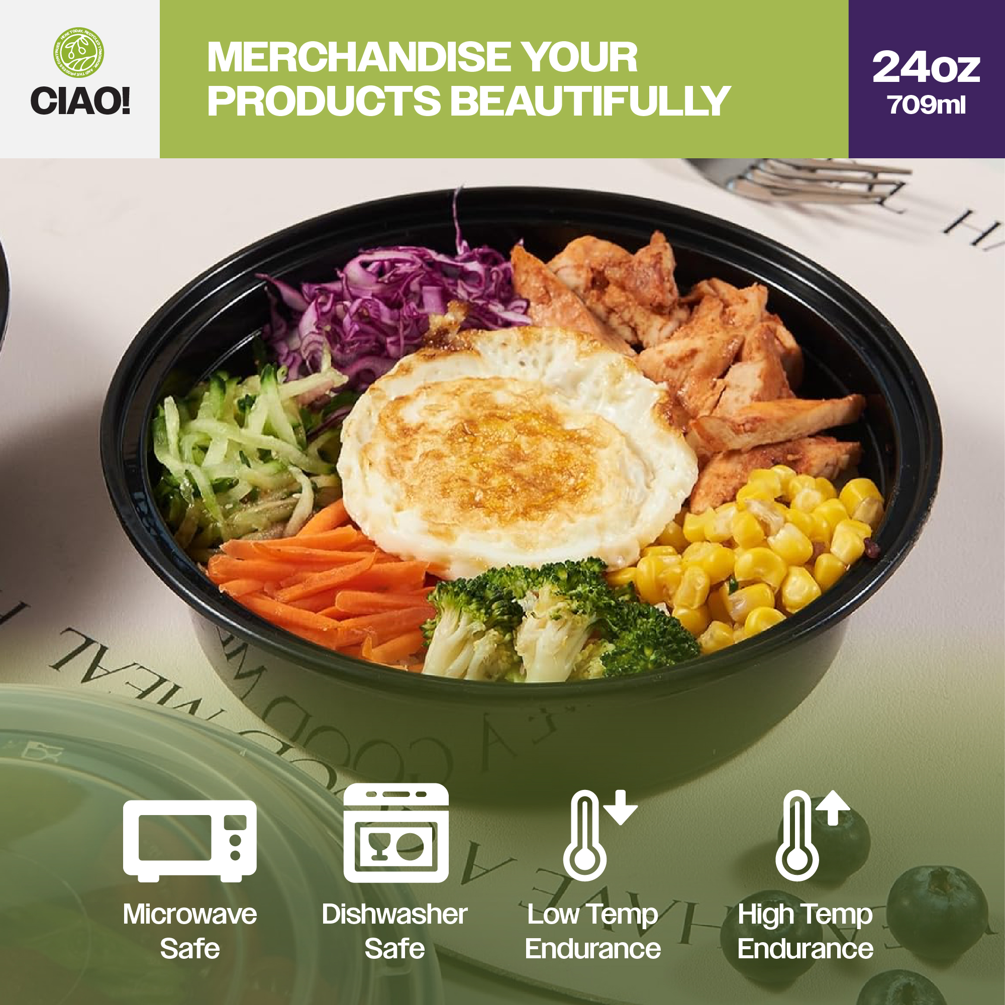 CIAO! Heavy Weight 24 oz Injection Molded Microwavable Black Round Food Container with Lid (150/case) - Image 7