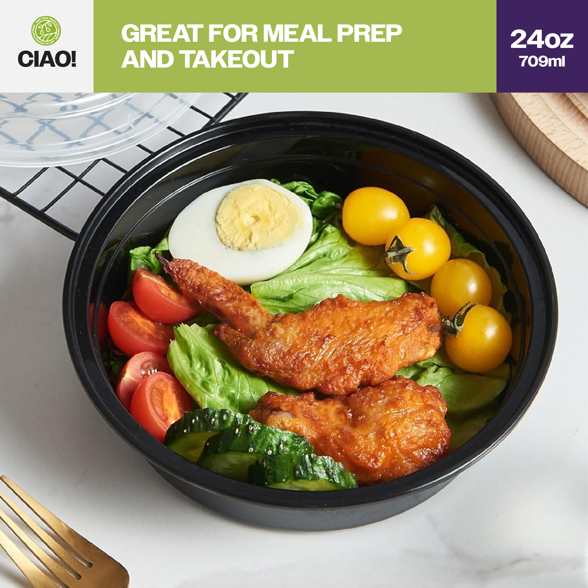 CIAO! Heavy Weight 24 oz Injection Molded Microwavable Black Round Food Container with Lid (150/case) - Image 6