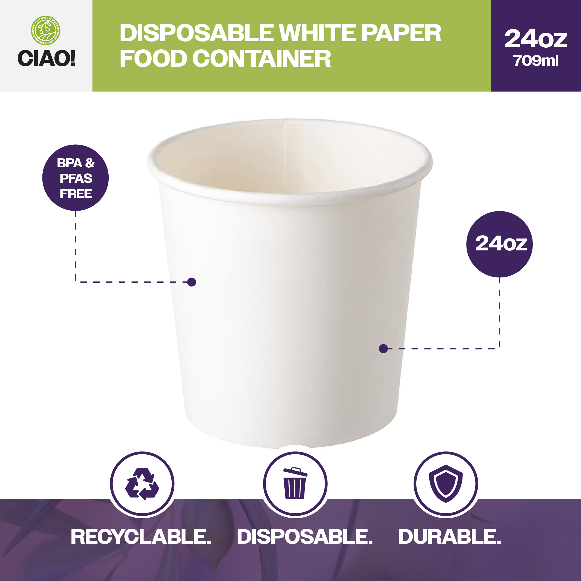 CIAO! 24 oz Disposable White Paper Food Container, 115mm Diameter, Lids Sold Separately (500/case) - Image 3