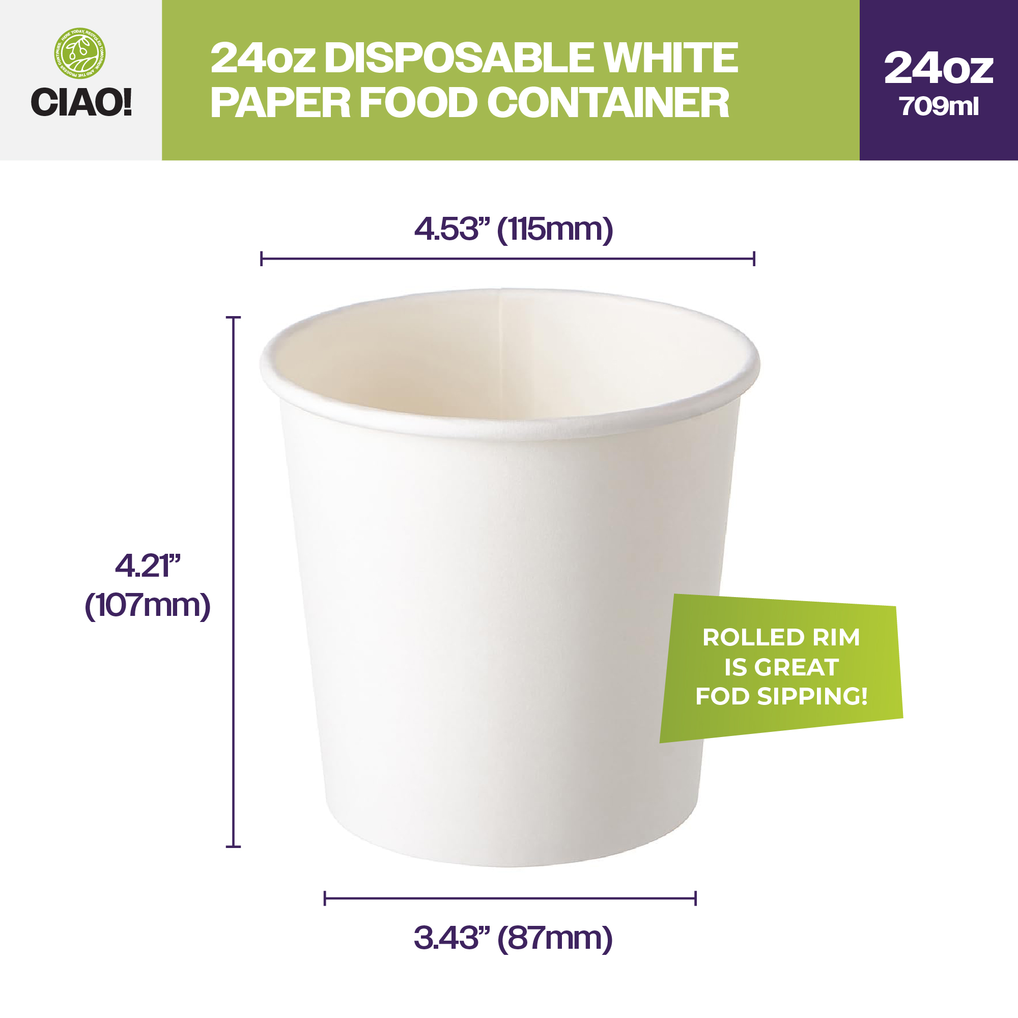 CIAO! 24 oz Disposable White Paper Food Container, 115mm Diameter, Lids Sold Separately (500/case) - Image 2
