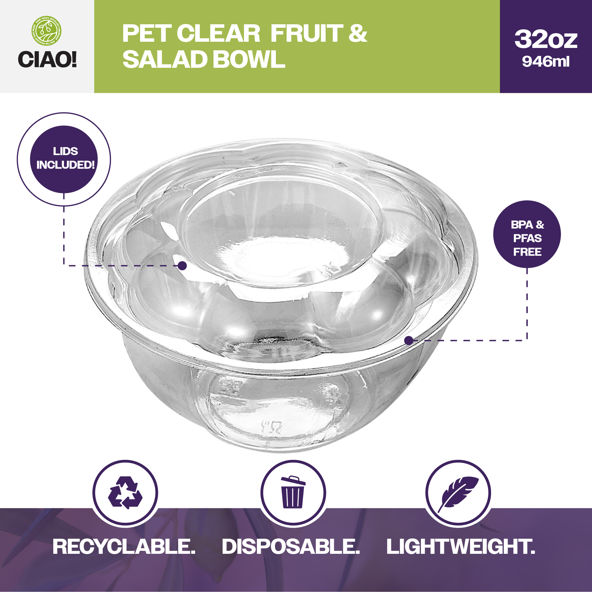 CIAO! 32 oz Clear PET Fruit and Salad Bowl with Rose Dome Lid (150/case) - Image 3