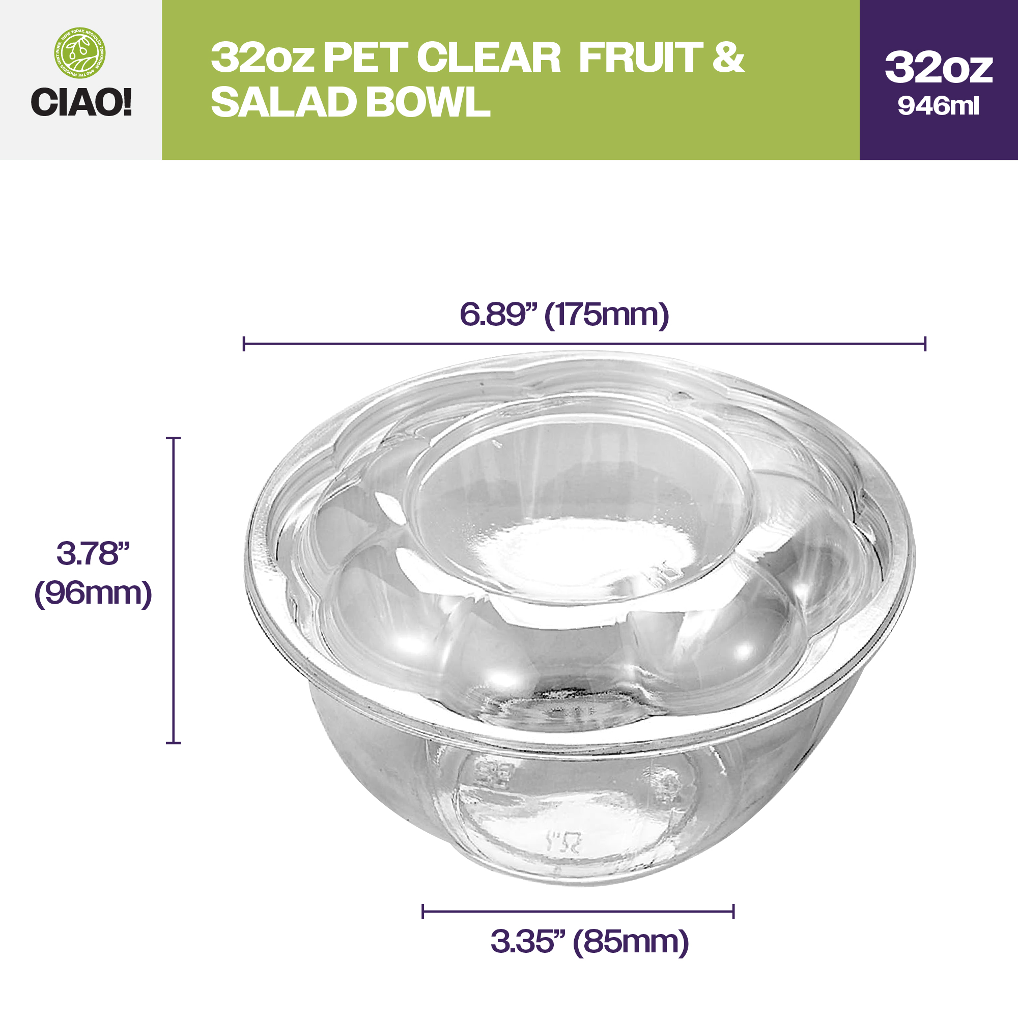 CIAO! 32 oz Clear PET Fruit and Salad Bowl with Rose Dome Lid (150/case) - Image 2