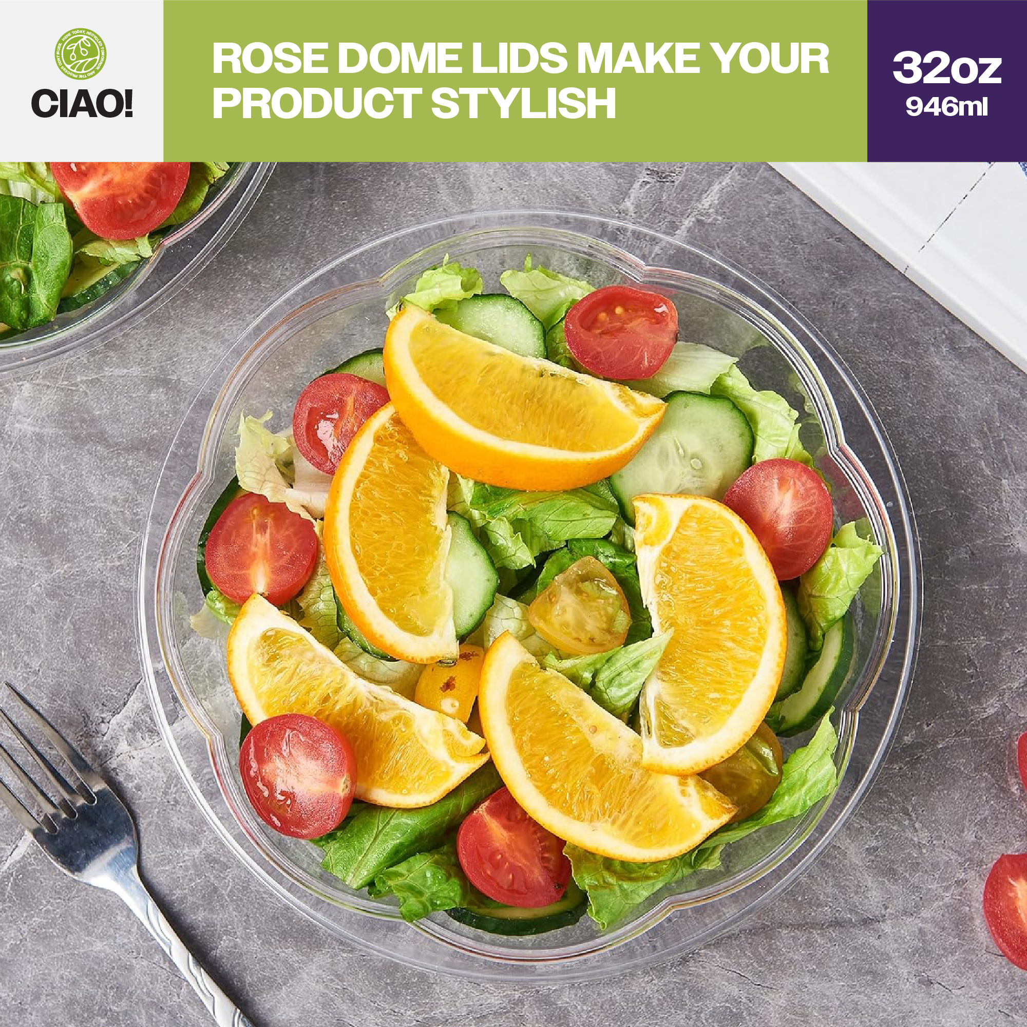 CIAO! 32 oz Clear PET Fruit and Salad Bowl with Rose Dome Lid (150/case) - Image 7