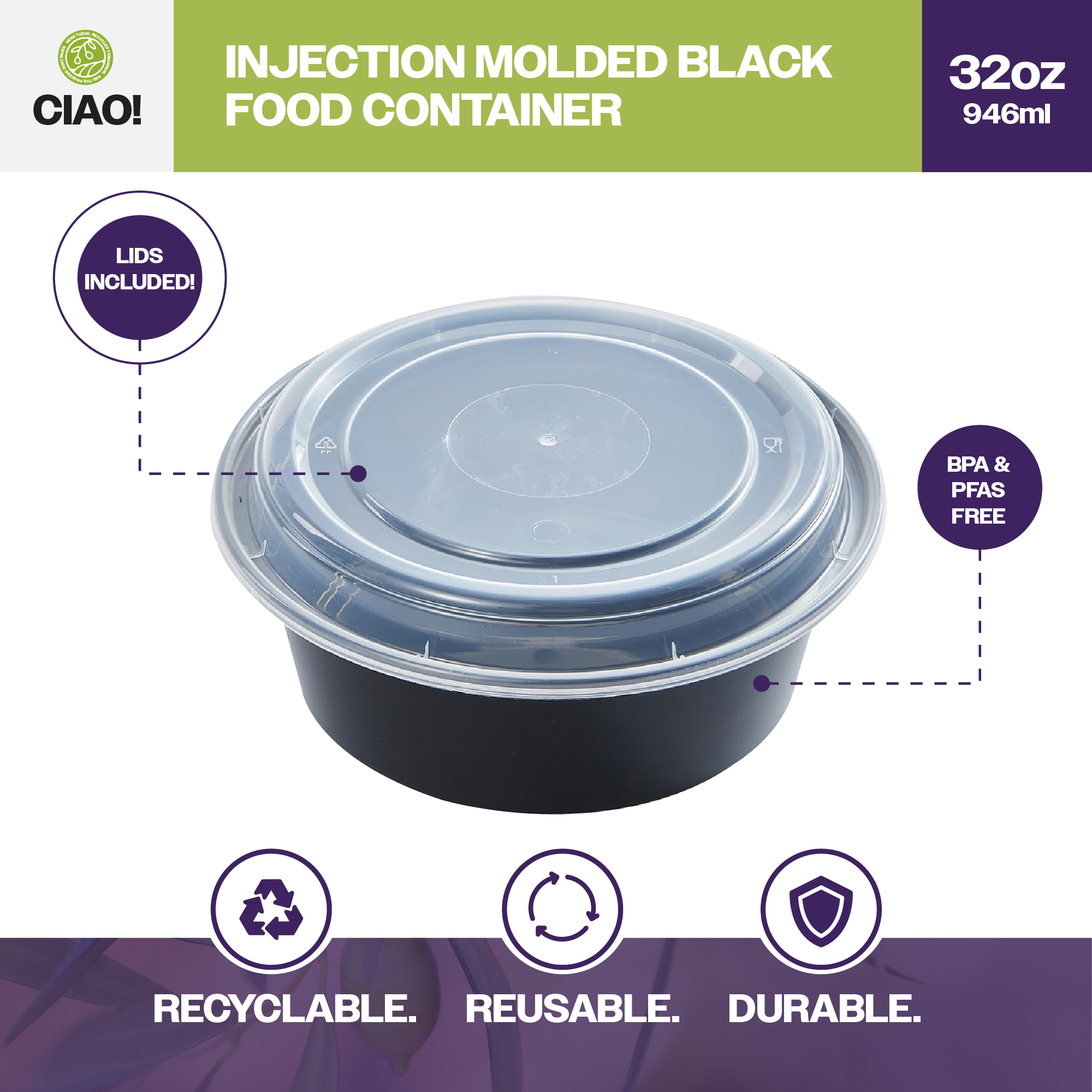 CIAO! Heavy Weight 32 oz Injection Molded Microwavable Black Round Food Container with Lid (150/case) - Image 3