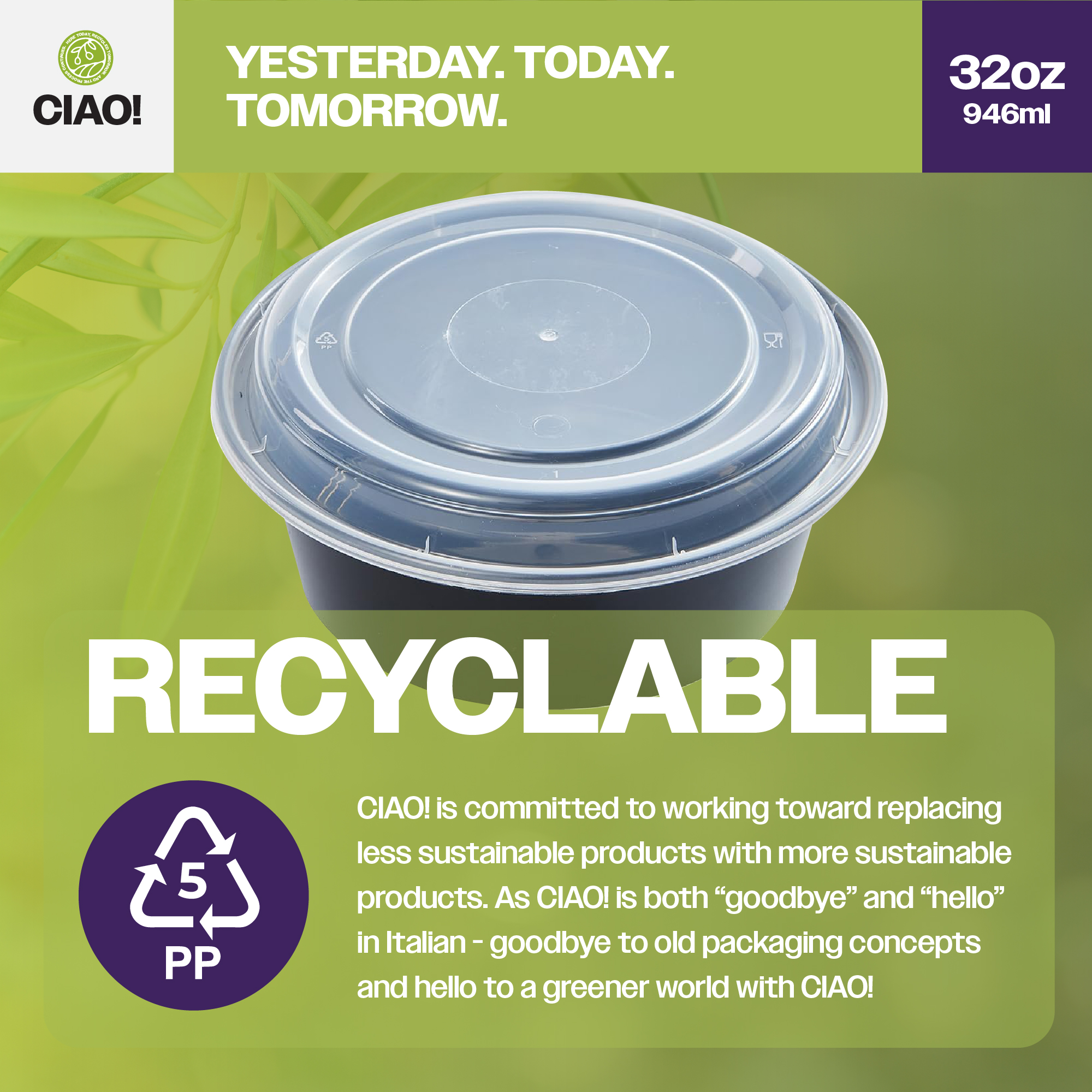 CIAO! Heavy Weight 32 oz Injection Molded Microwavable Black Round Food Container with Lid (150/case) - Image 4