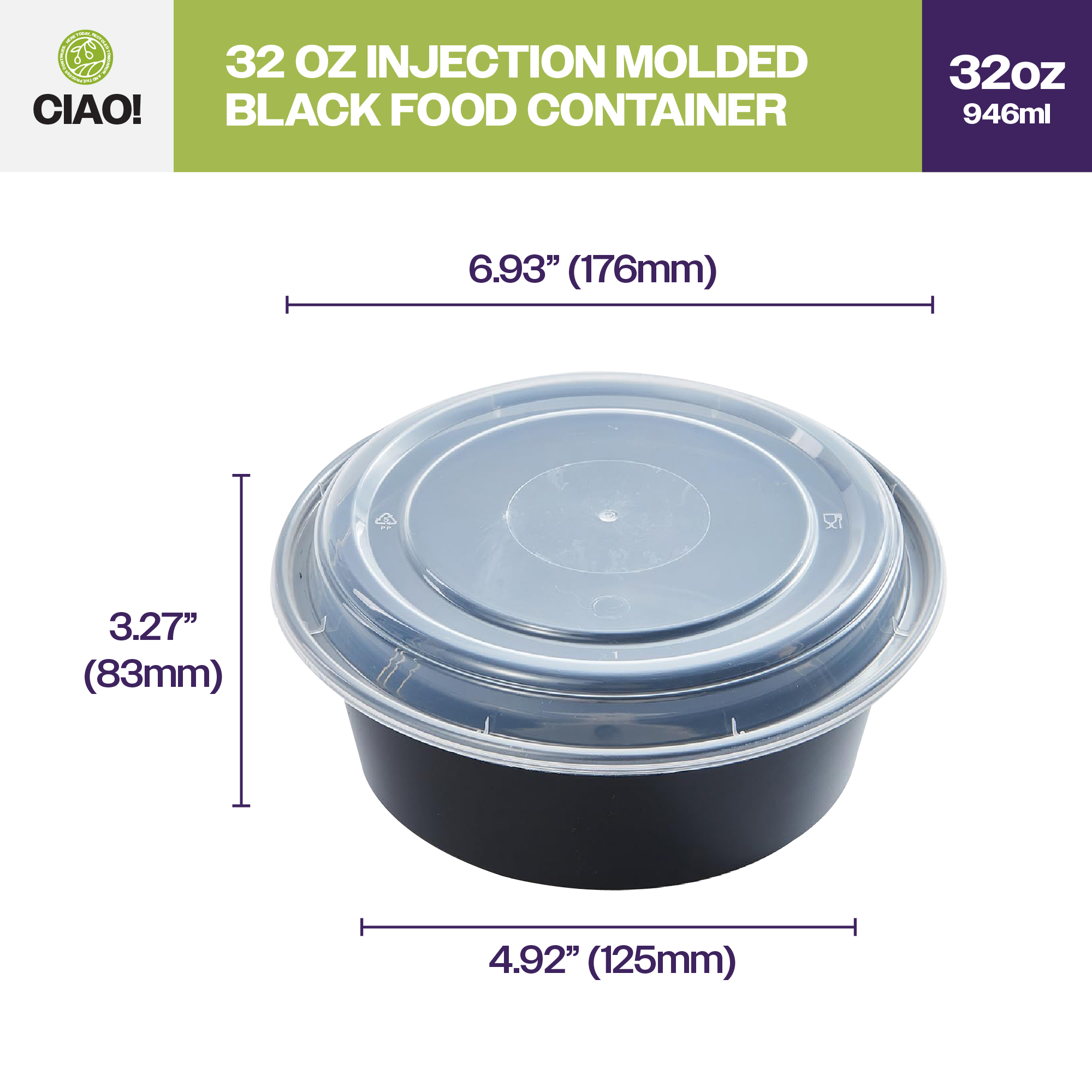 CIAO! Heavy Weight 32 oz Injection Molded Microwavable Black Round Food Container with Lid (150/case) - Image 2