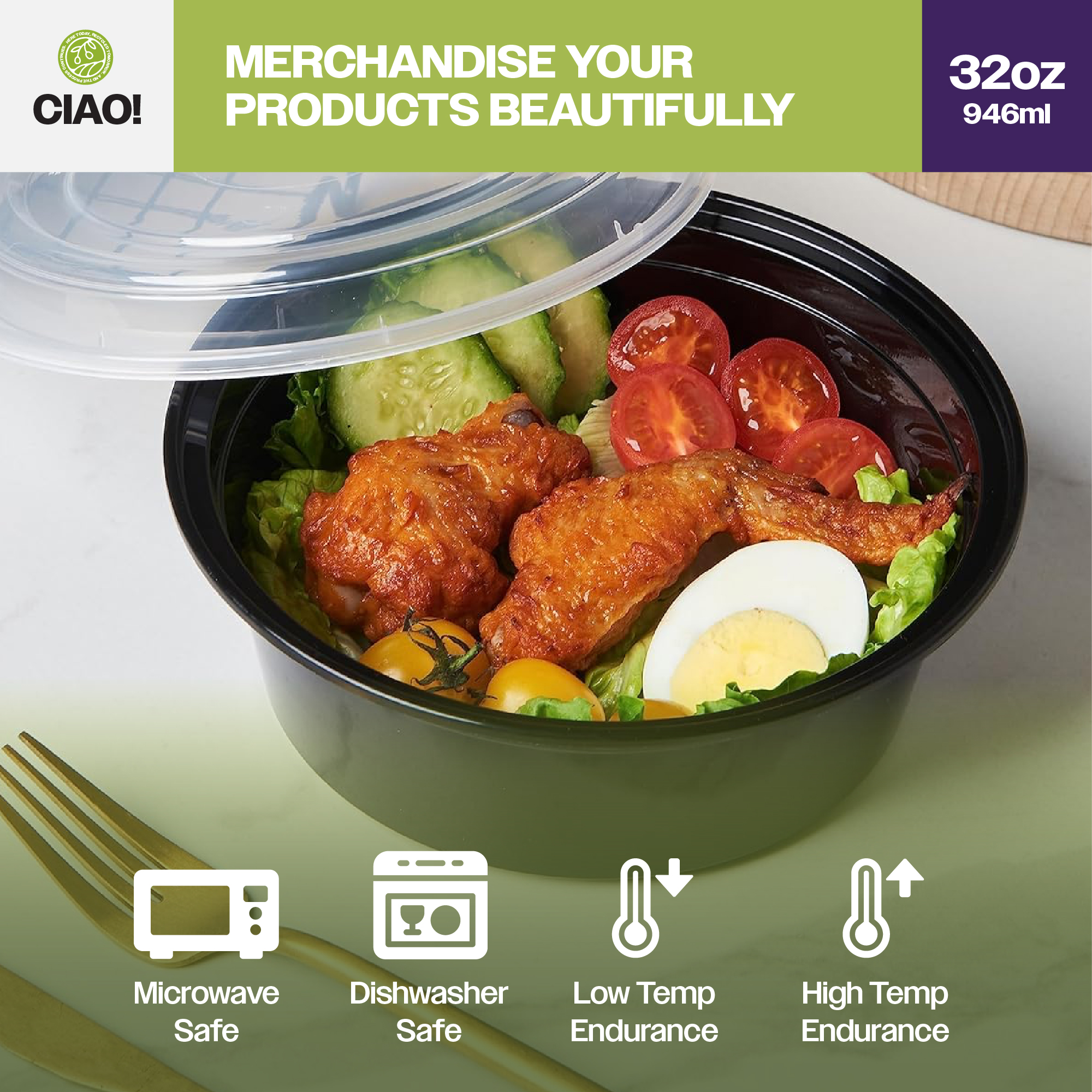 CIAO! Heavy Weight 32 oz Injection Molded Microwavable Black Round Food Container with Lid (150/case) - Image 7