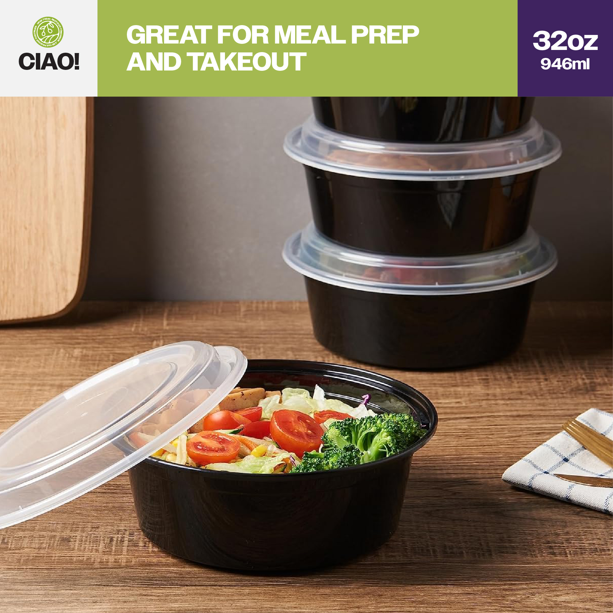 CIAO! Heavy Weight 32 oz Injection Molded Microwavable Black Round Food Container with Lid (150/case) - Image 6