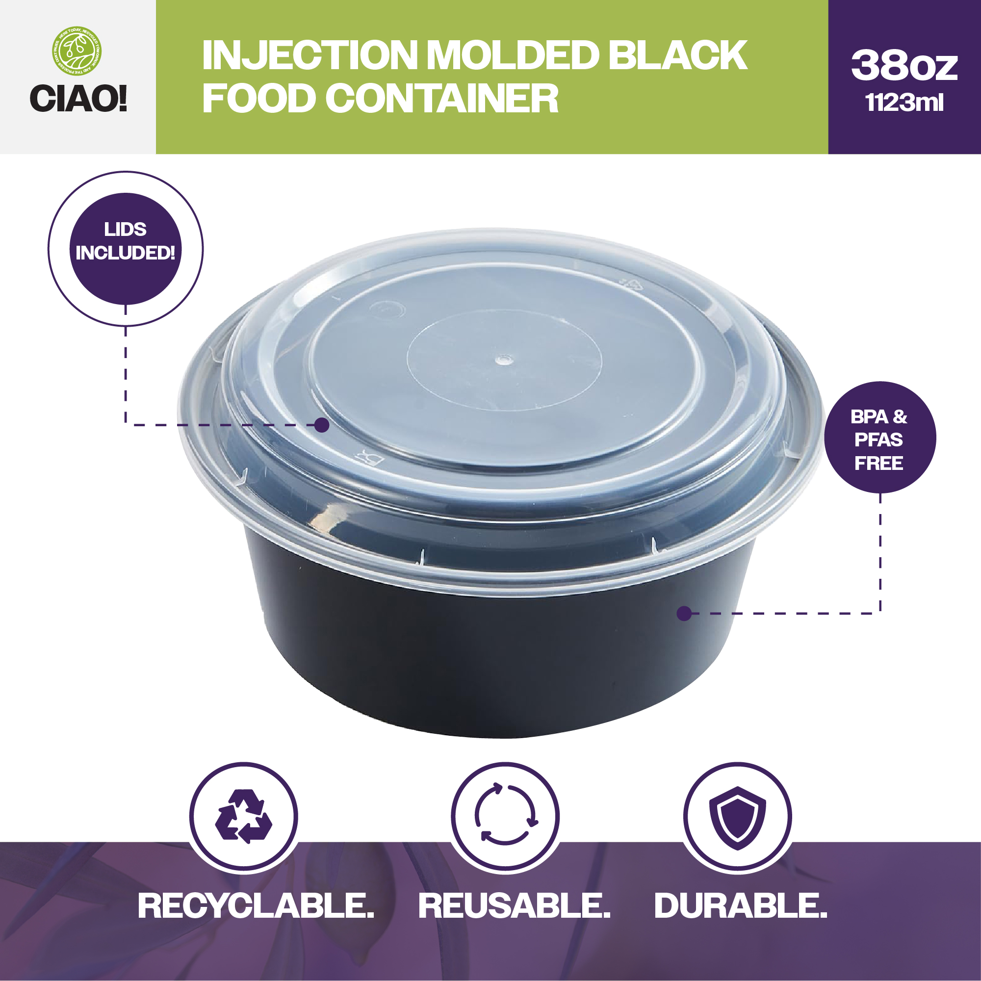 CIAO! Heavy Weight 38 oz Injection Molded Microwavable Black Round Food Container with Lid (150/case) - Image 3