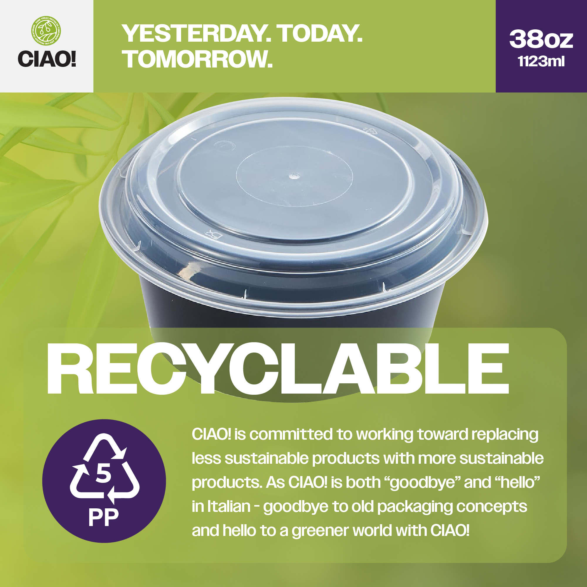 CIAO! Heavy Weight 38 oz Injection Molded Microwavable Black Round Food Container with Lid (150/case) - Image 4