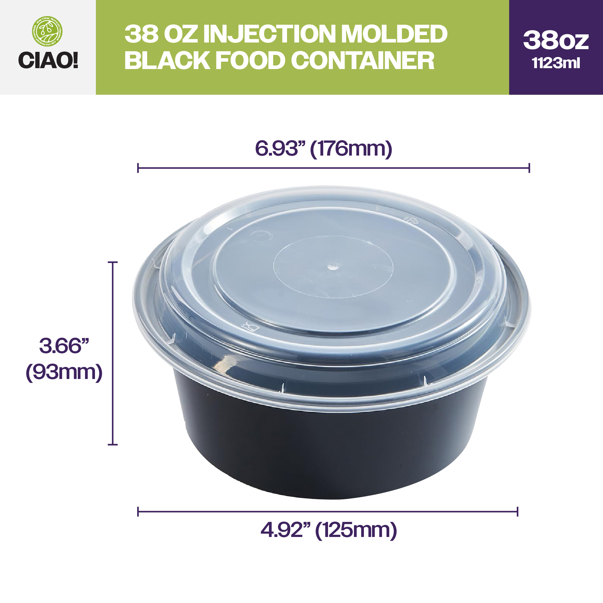 CIAO! Heavy Weight 38 oz Injection Molded Microwavable Black Round Food Container with Lid (150/case) - Image 2