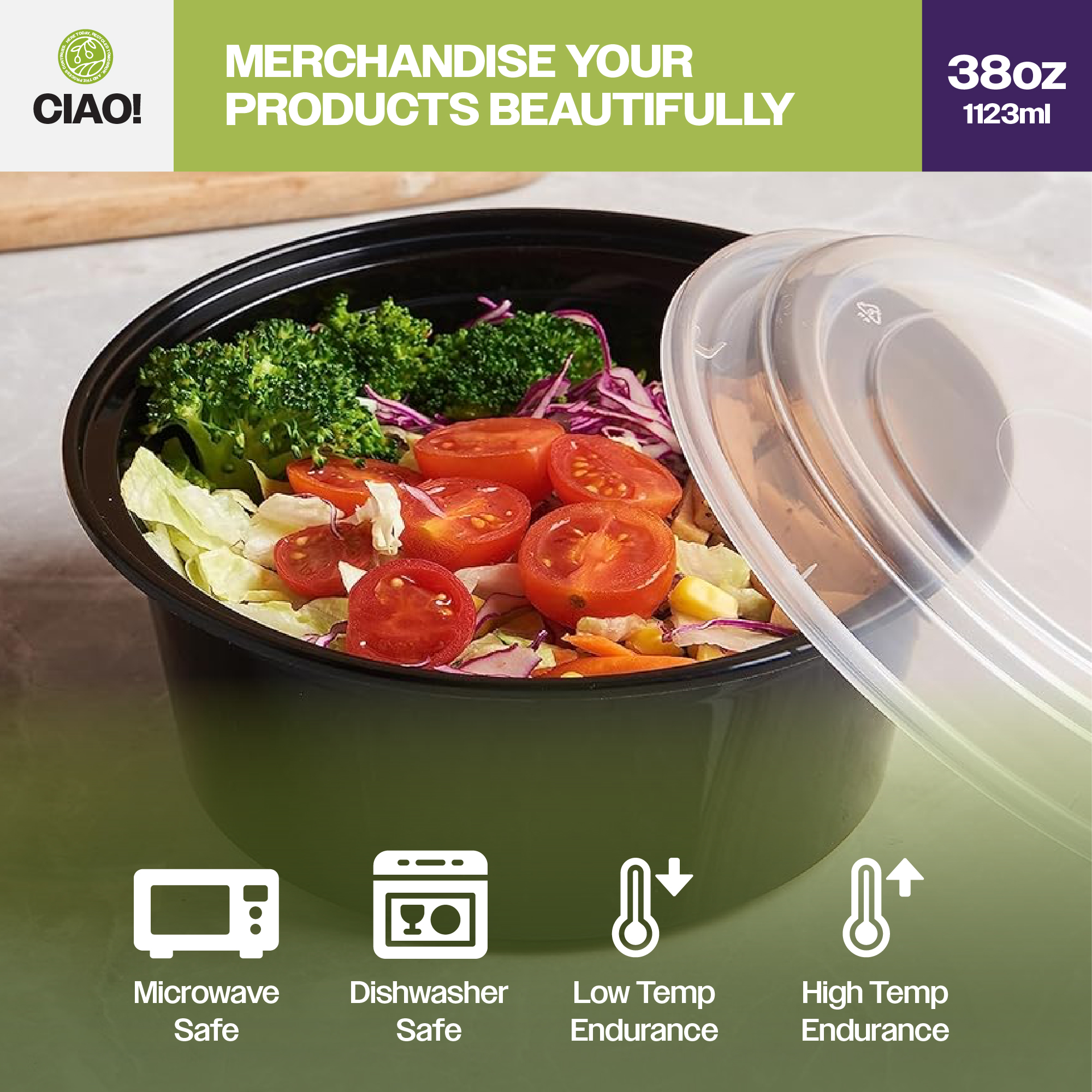 CIAO! Heavy Weight 38 oz Injection Molded Microwavable Black Round Food Container with Lid (150/case) - Image 7