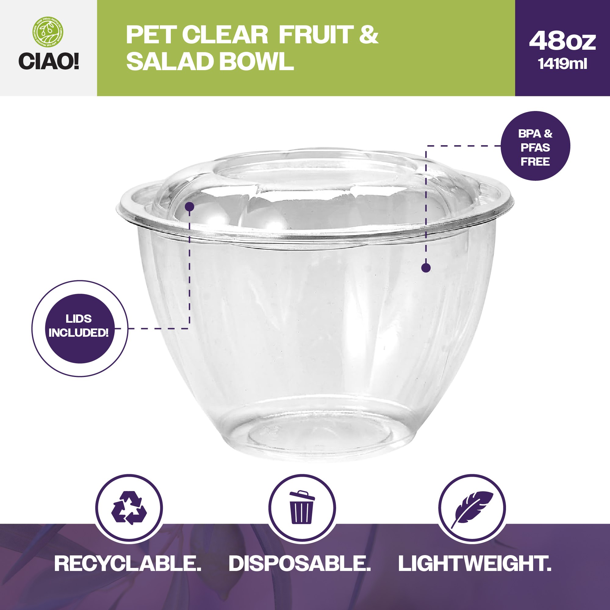 CIAO! 48 oz Clear PET Fruit and Salad Bowl with Rose Dome Lid (150/case) - Image 3