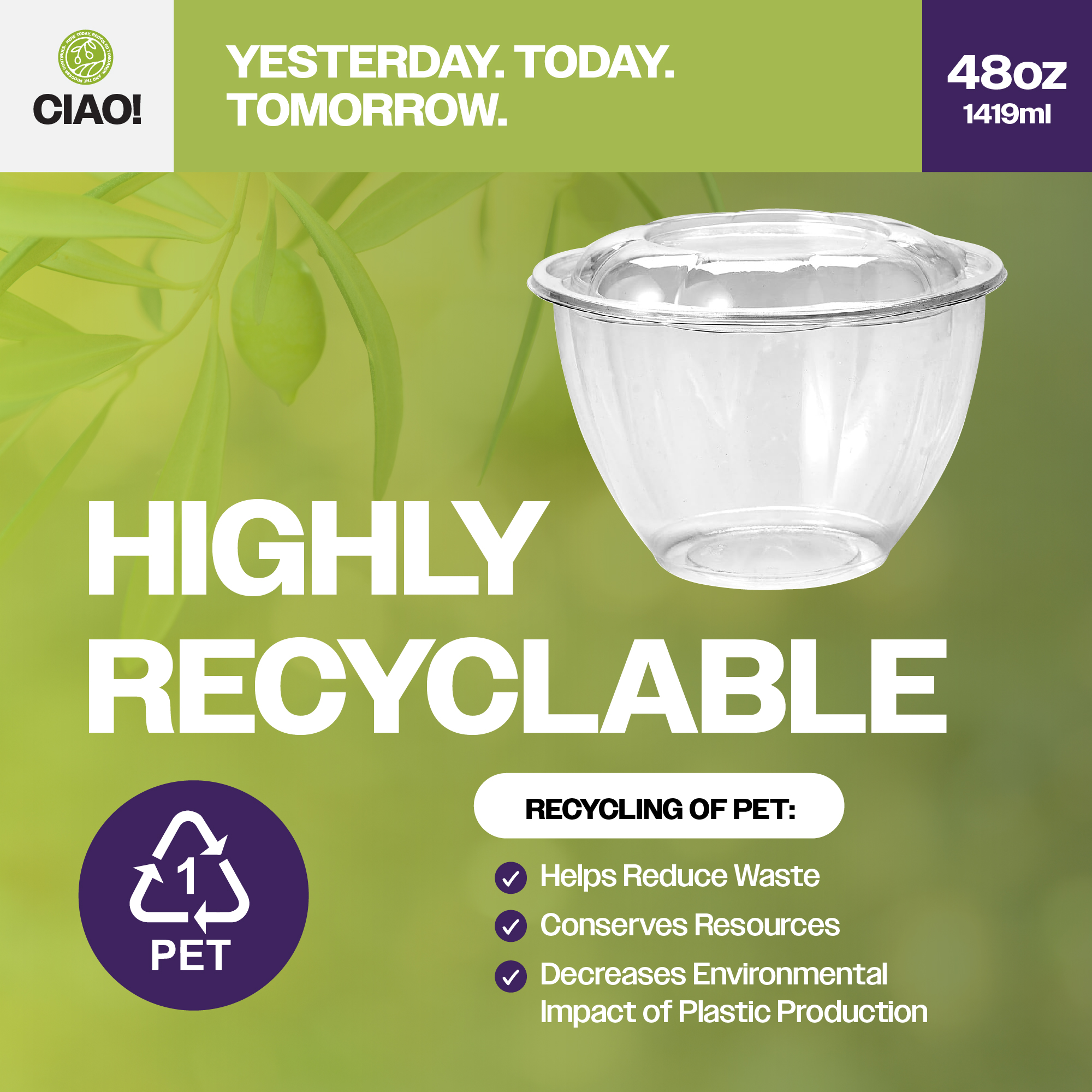 CIAO! 48 oz Clear PET Fruit and Salad Bowl with Rose Dome Lid (150/case) - Image 4