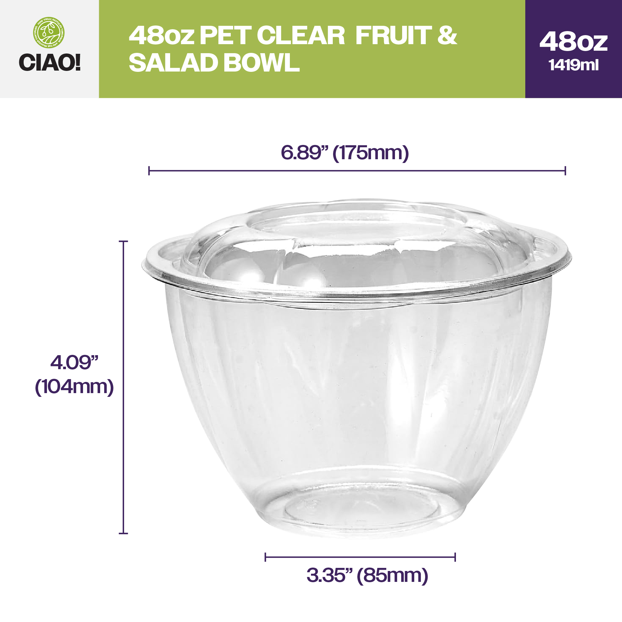 CIAO! 48 oz Clear PET Fruit and Salad Bowl with Rose Dome Lid (150/case) - Image 2
