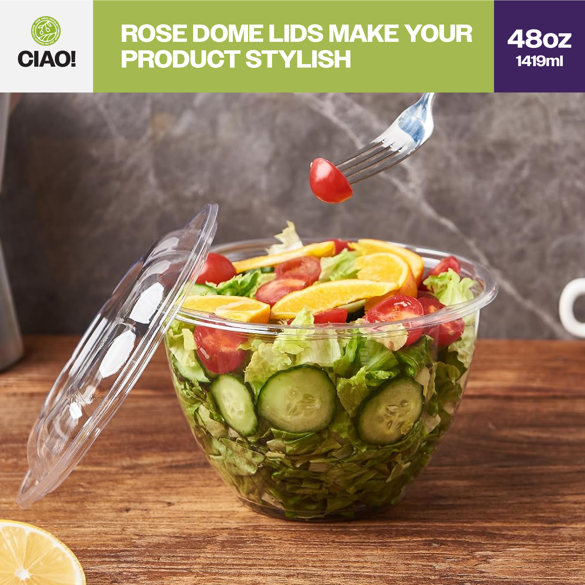 CIAO! 48 oz Clear PET Fruit and Salad Bowl with Rose Dome Lid (150/case) - Image 7