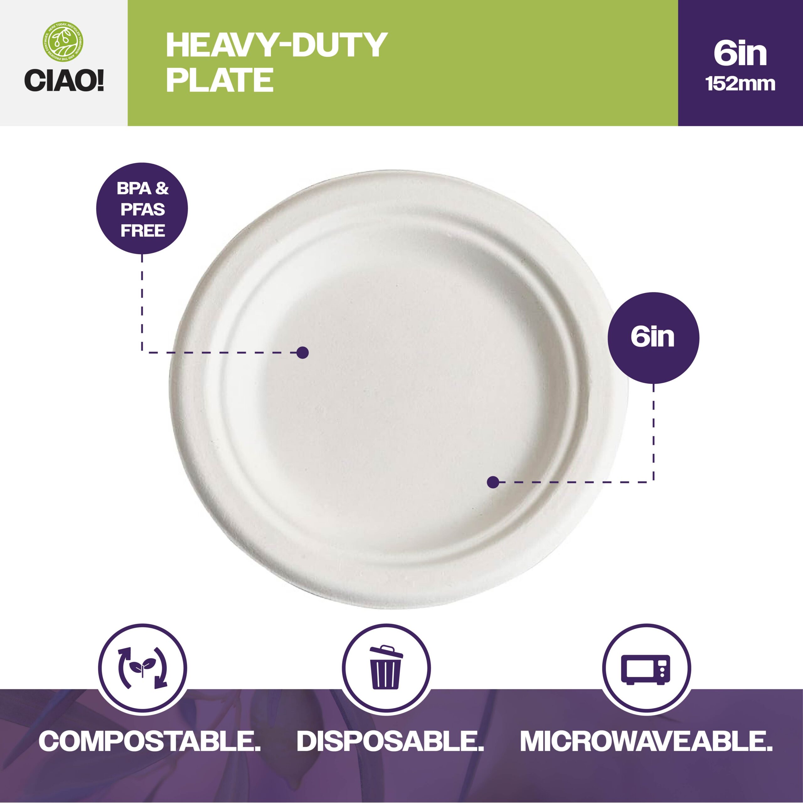 CIAO! 6" Heavy Duty Plate 100% Compostable Ecofriendly PFAS Free Unbleached Bagasse Natural White (Pack of 1,000) - Image 3