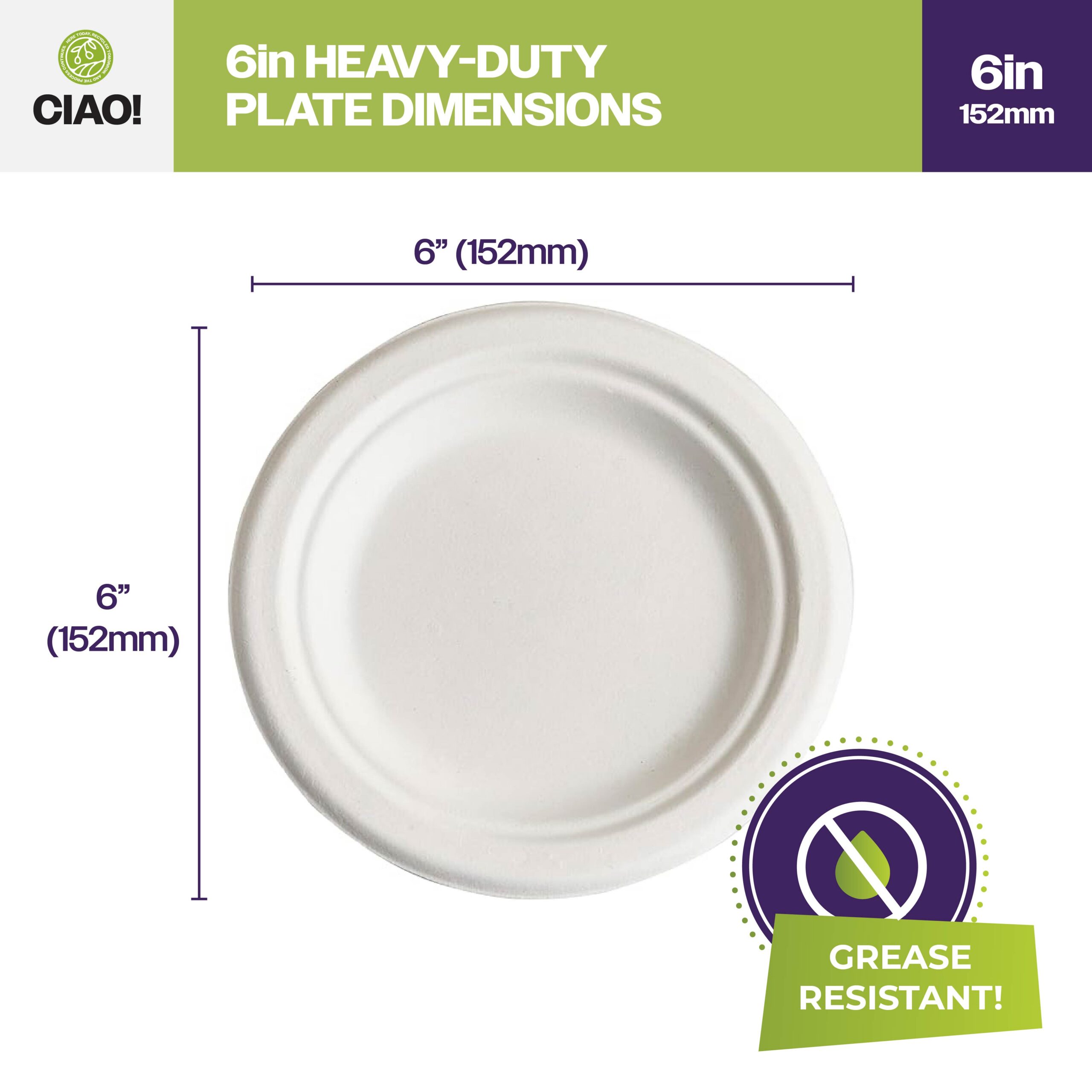 CIAO! 6" Heavy Duty Plate 100% Compostable Ecofriendly PFAS Free Unbleached Bagasse Natural White (Pack of 1,000) - Image 2