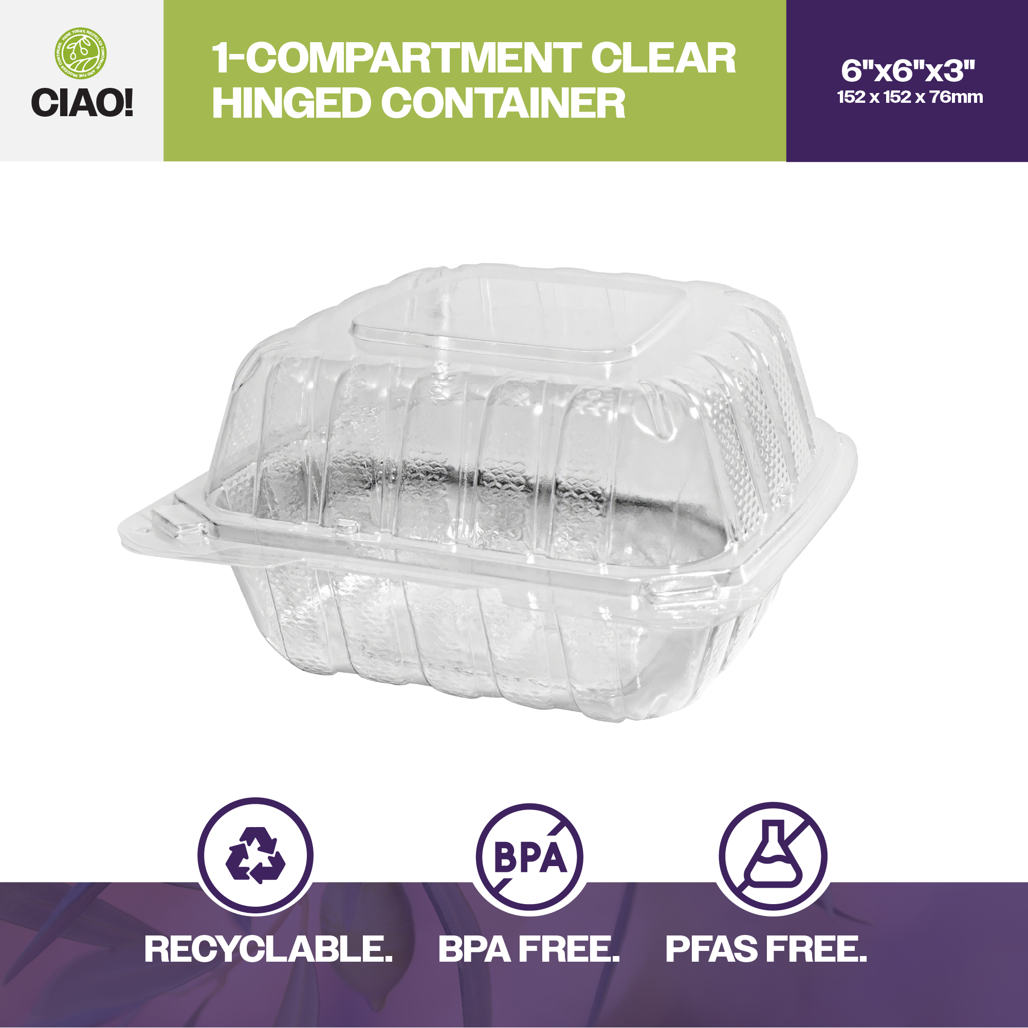 CIAO! 6"x6"x3" 1 Compartment PP Plastic Clear Hinged Container for Take Out (Case of 300) - Image 3