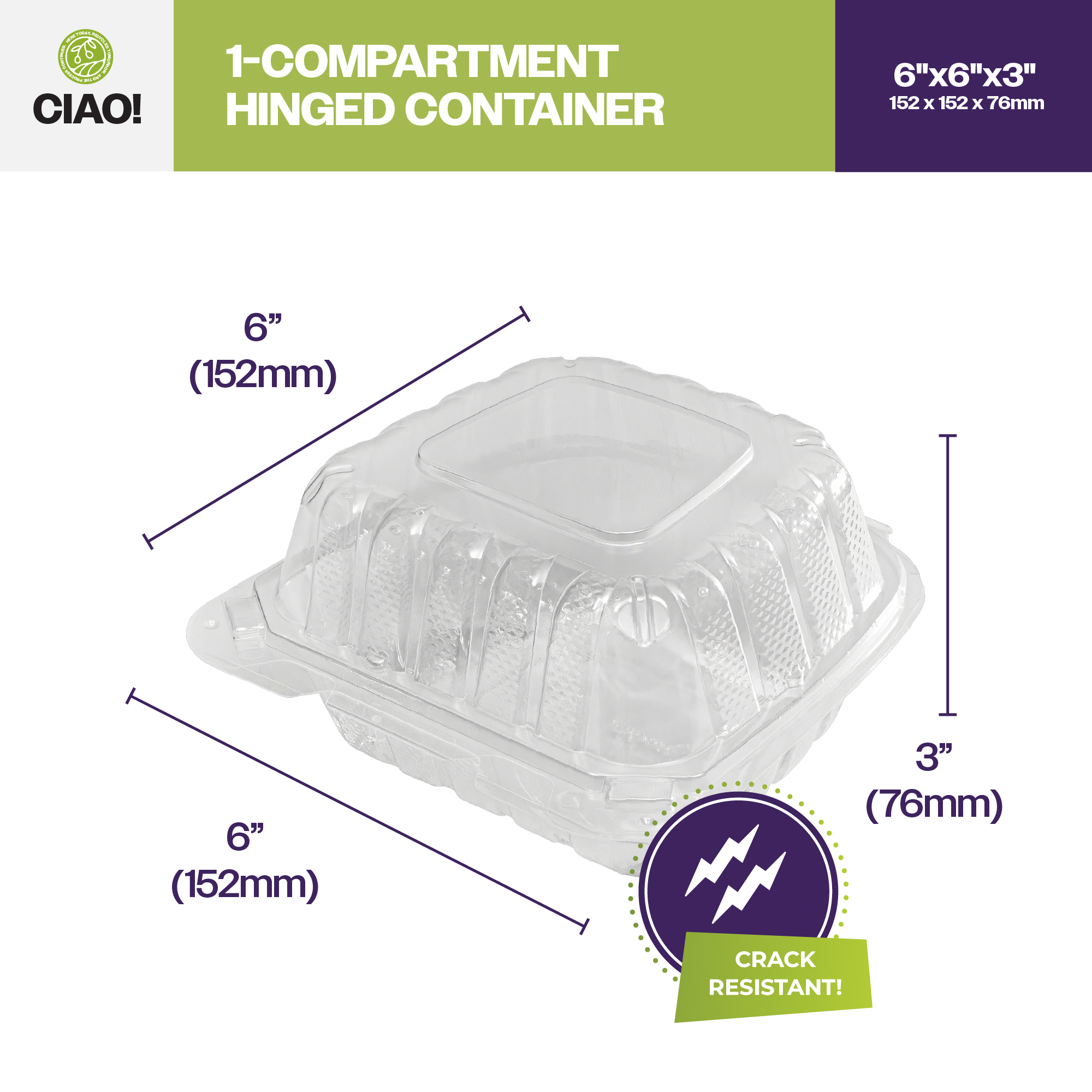 CIAO! 6"x6"x3" 1 Compartment PP Plastic Clear Hinged Container for Take Out (Case of 300) - Image 2