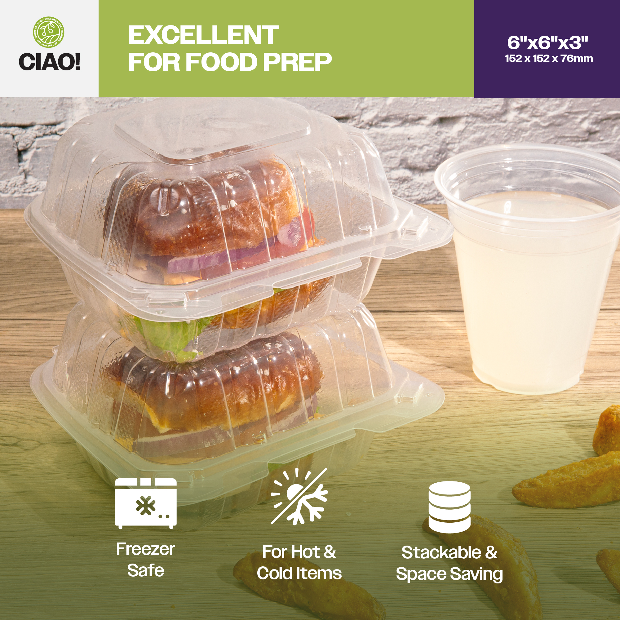 CIAO! 6"x6"x3" 1 Compartment PP Plastic Clear Hinged Container for Take Out (Case of 300) - Image 7