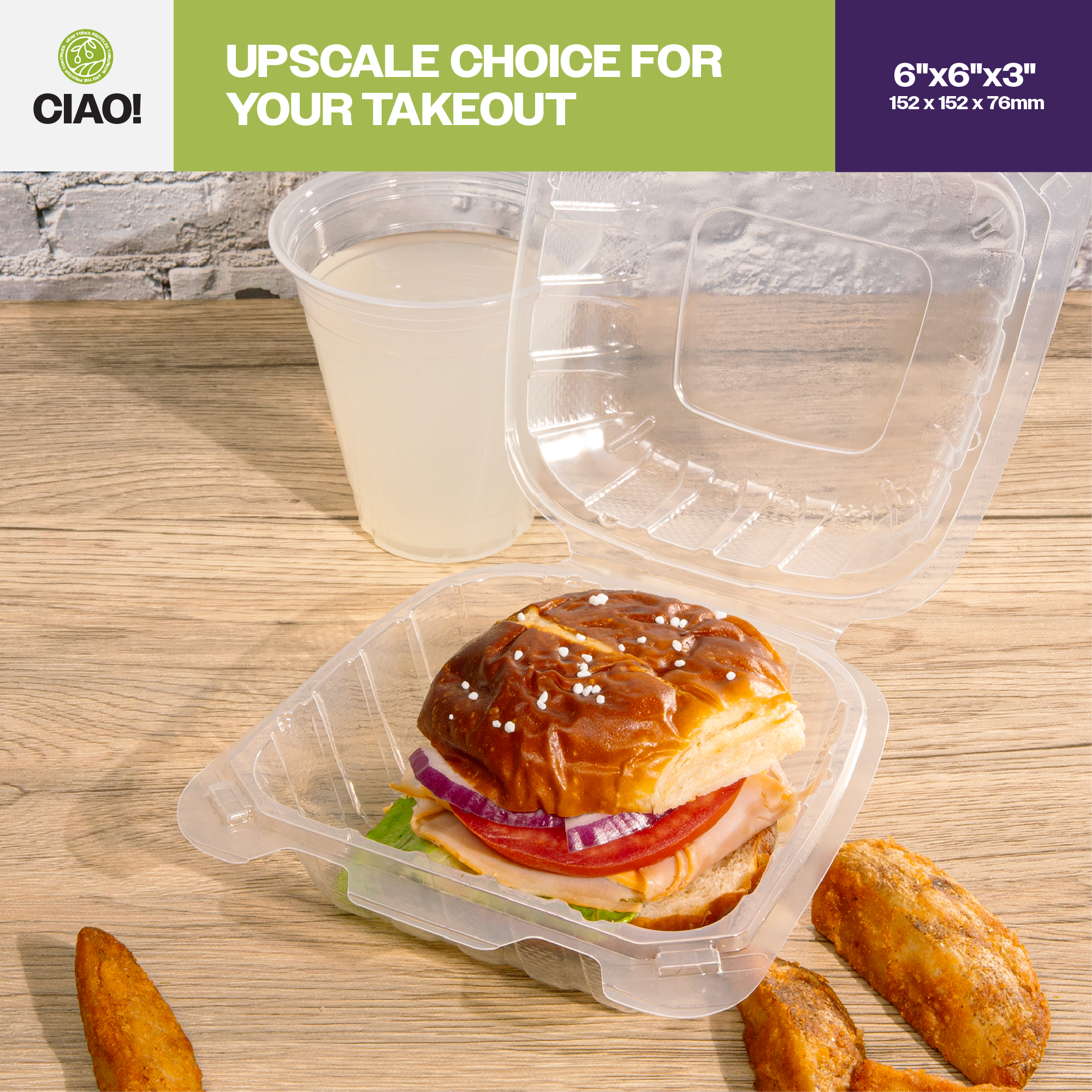 CIAO! 6"x6"x3" 1 Compartment PP Plastic Clear Hinged Container for Take Out (Case of 300) - Image 6