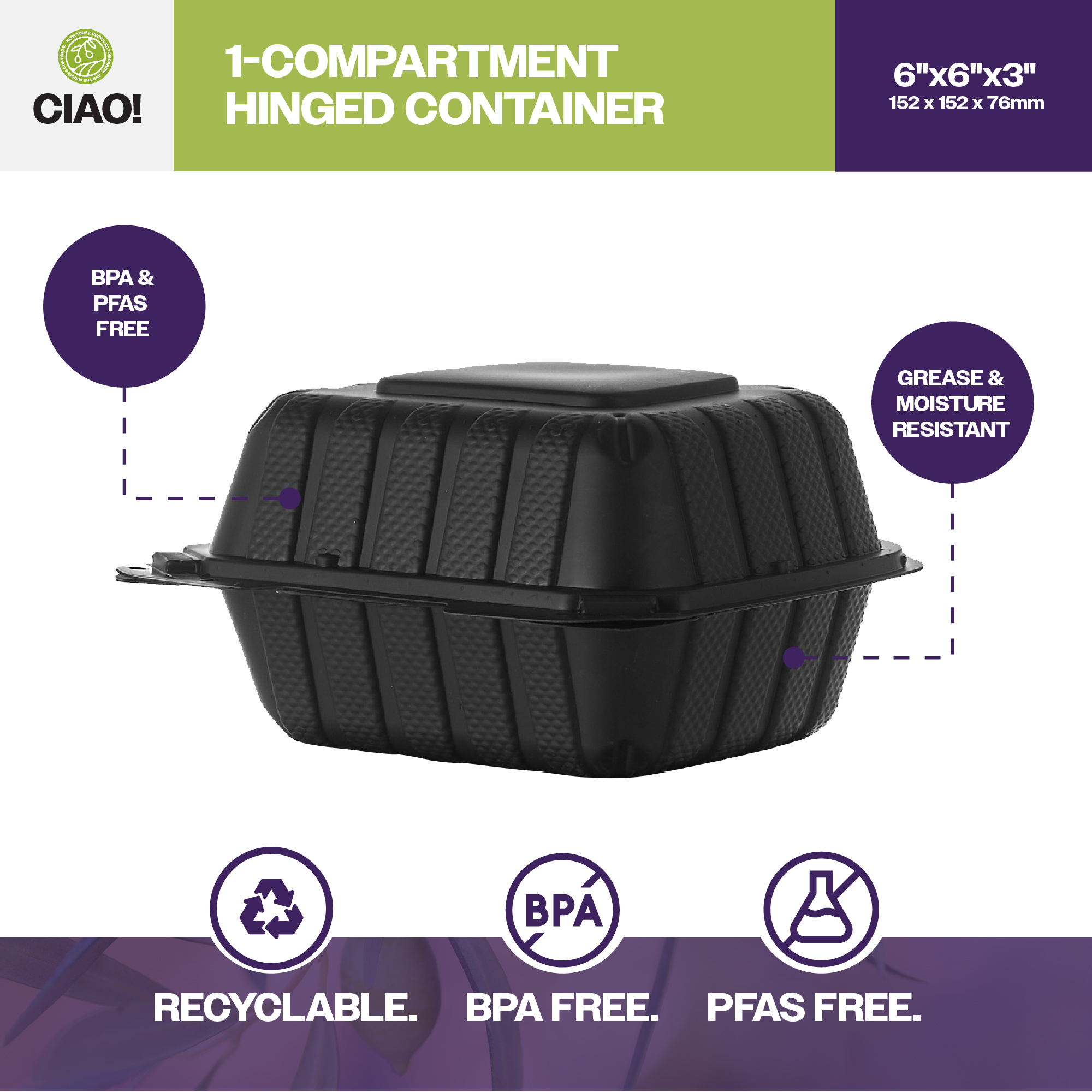 CIAO! 6"x6"x3" MFPP Black Hinged Container With Lid 1 Compartment (Case of 300) - Image 3