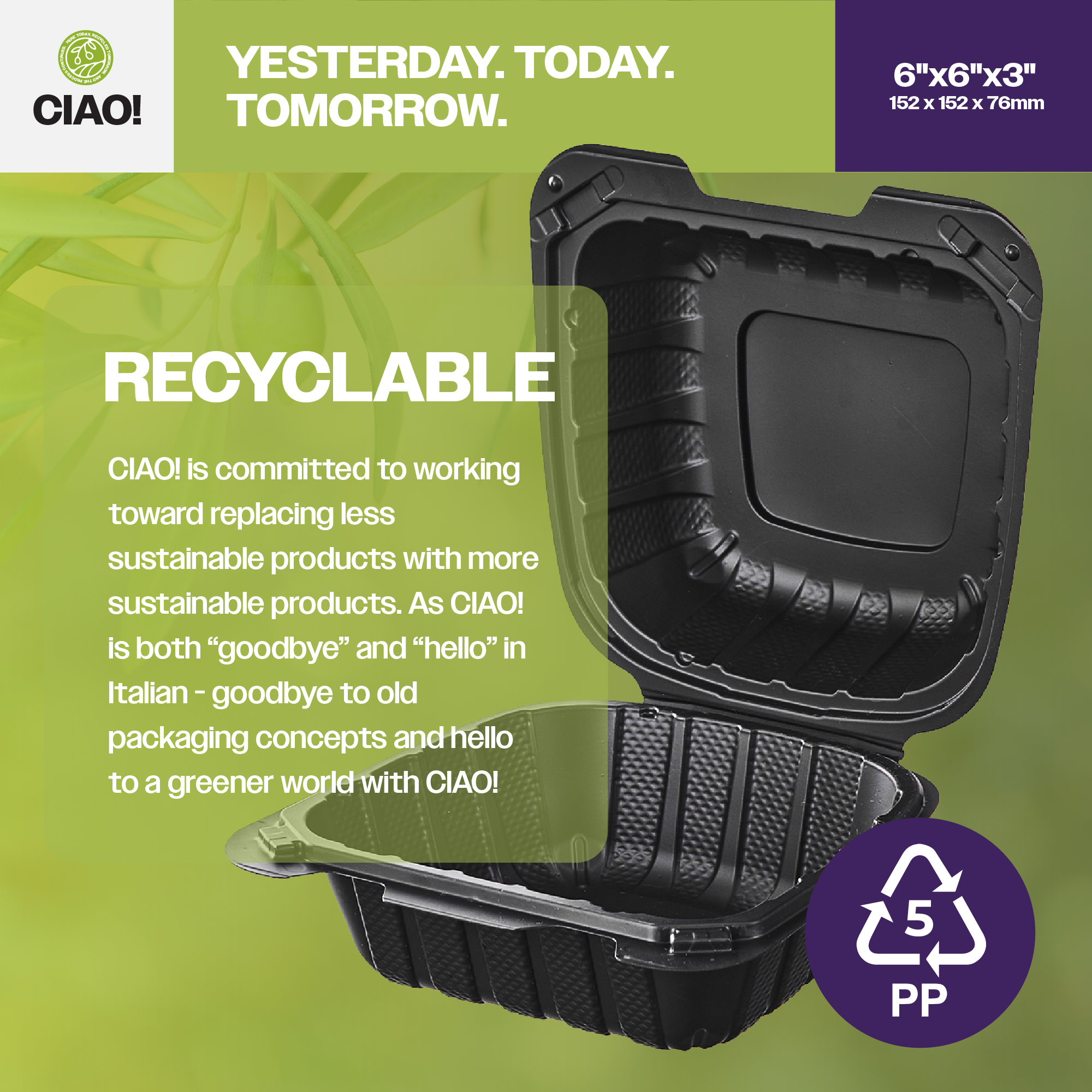 CIAO! 6"x6"x3" MFPP Black Hinged Container With Lid 1 Compartment (Case of 300) - Image 4