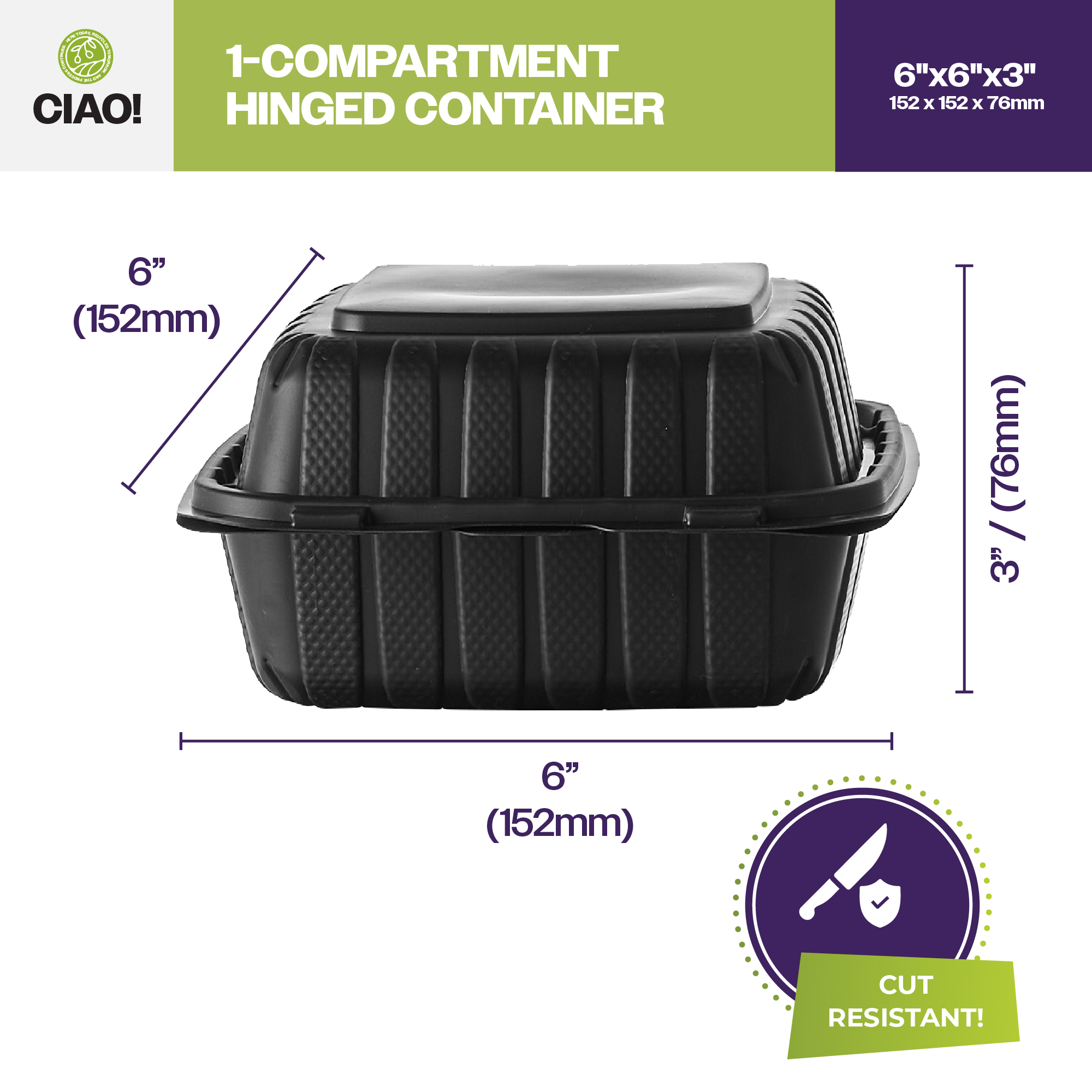 CIAO! 6"x6"x3" MFPP Black Hinged Container With Lid 1 Compartment (Case of 300) - Image 2