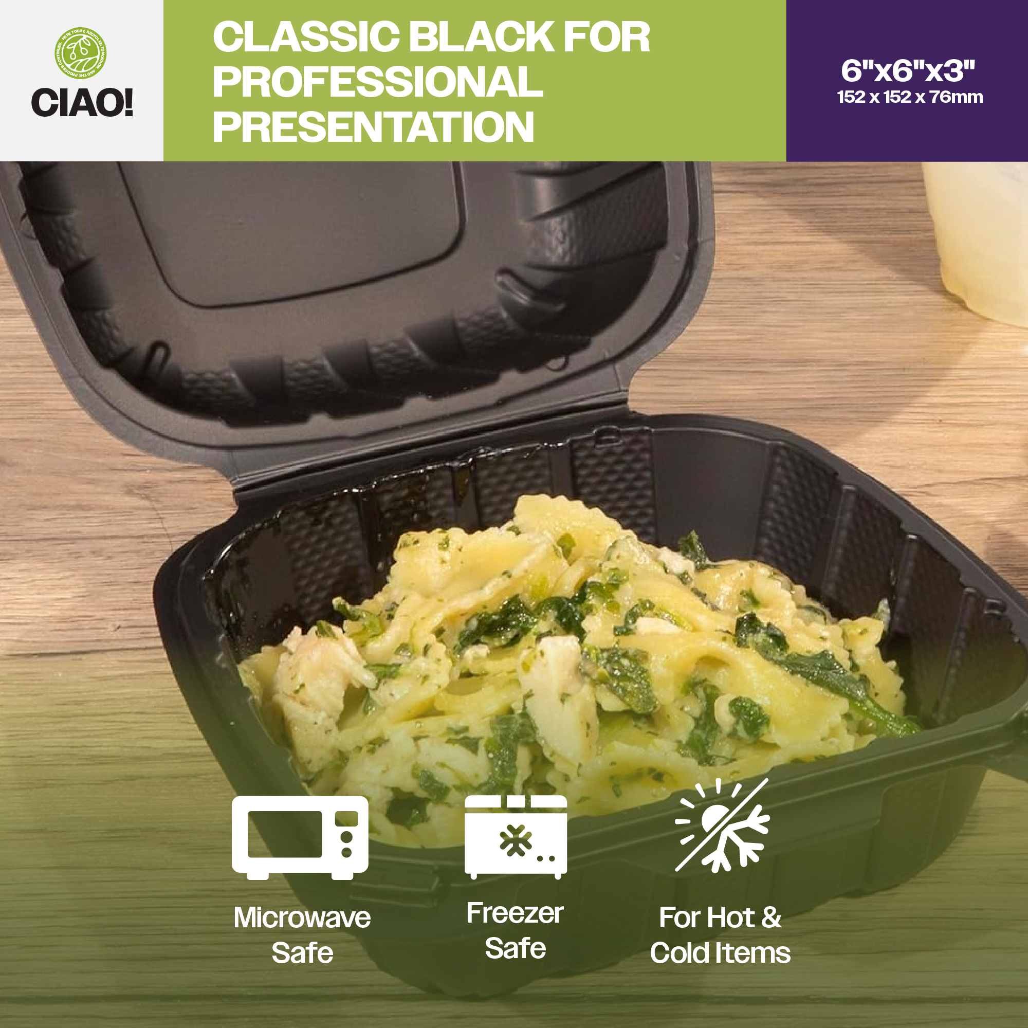 CIAO! 6"x6"x3" MFPP Black Hinged Container With Lid 1 Compartment (Case of 300) - Image 7