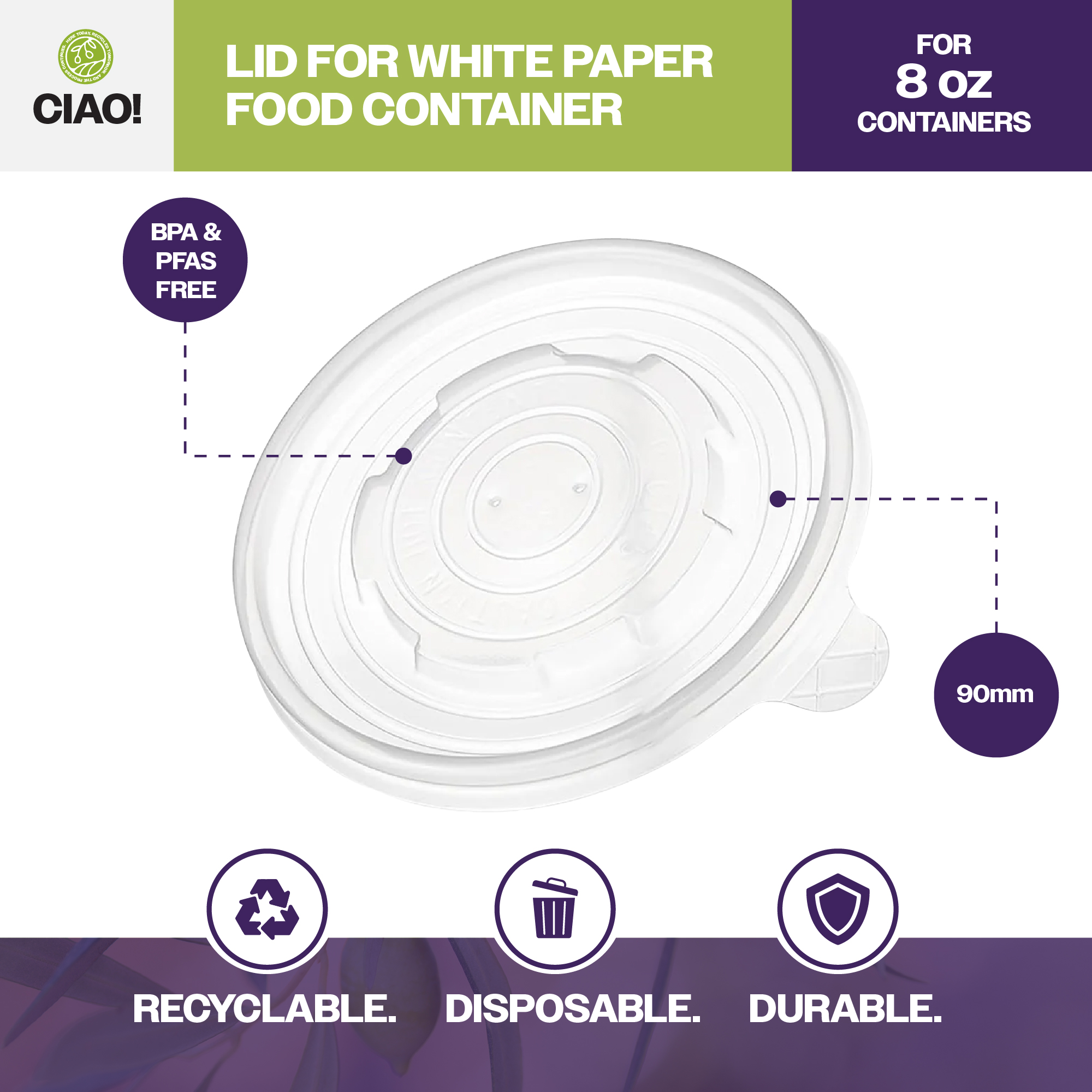 CIAO! 90mm Diameter PP Lid, Designed and Fit 8oz Paper Food Container (1000/case) - Image 2