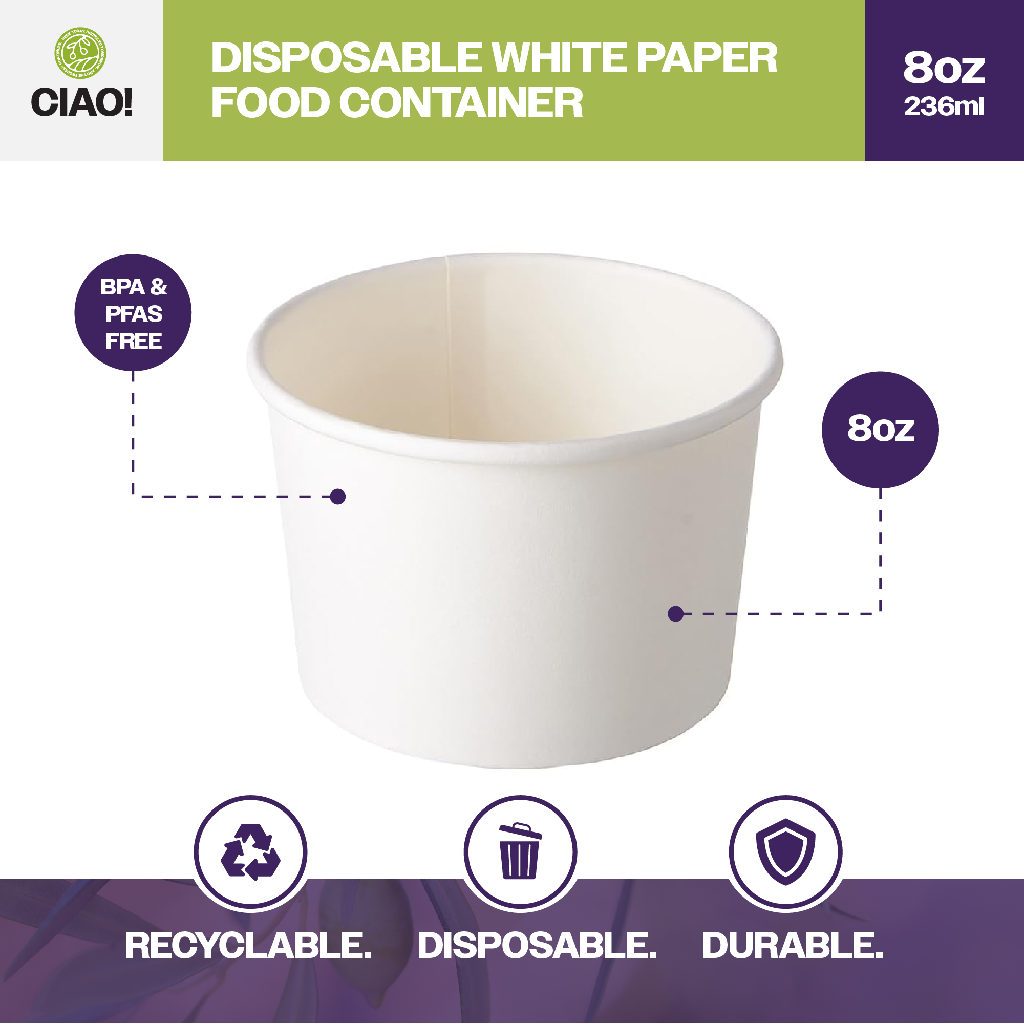 CIAO! 8 oz Disposable White Paper Food Container, 90mm Diameter, Lids Sold Separately (1000/case) - Image 3