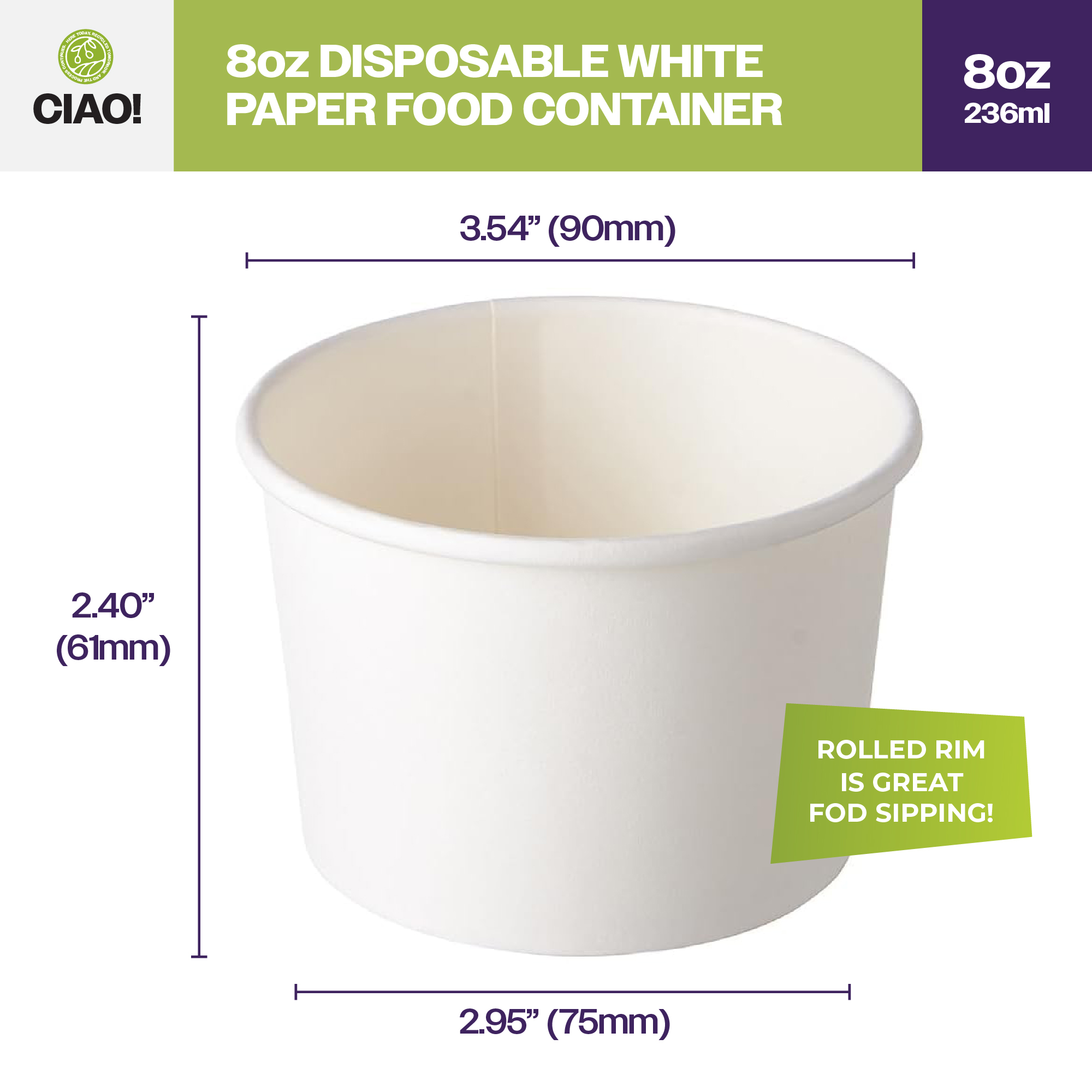 CIAO! 8 oz Disposable White Paper Food Container, 90mm Diameter, Lids Sold Separately (1000/case) - Image 2