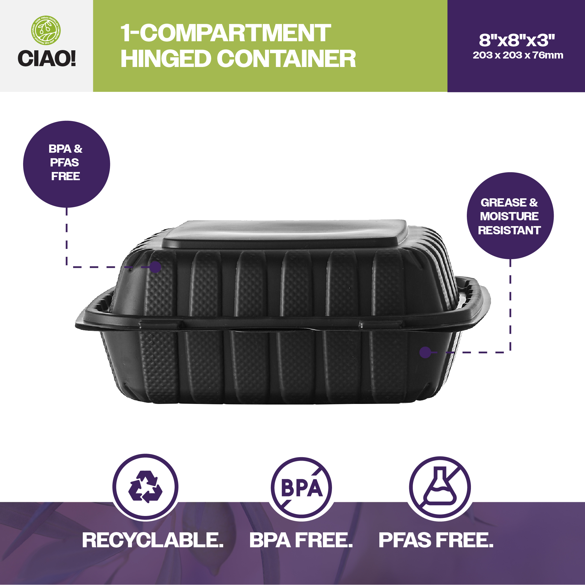 CIAO! 8"x8"X3" MFPP Black Hinged Container With Lid 1 Compartment (Case of 200) - Image 3