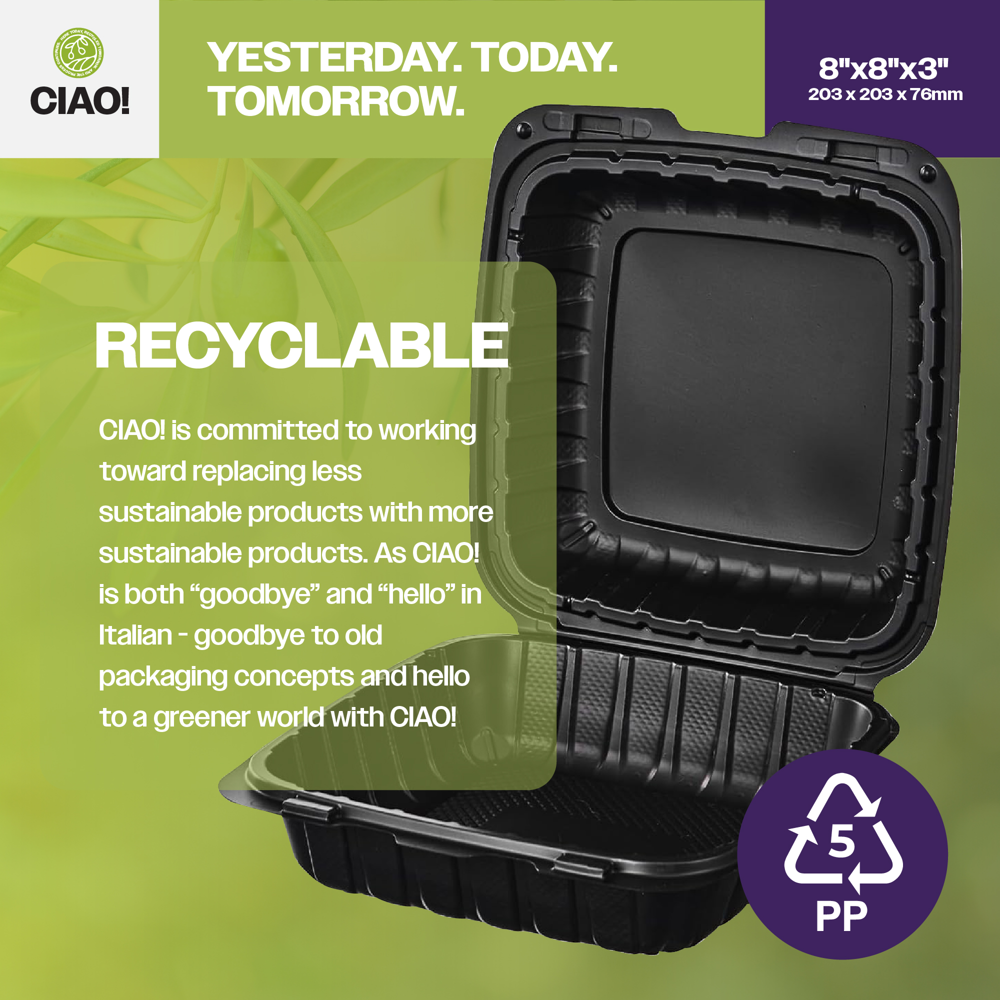 CIAO! 8"x8"X3" MFPP Black Hinged Container With Lid 1 Compartment (Case of 200) - Image 4
