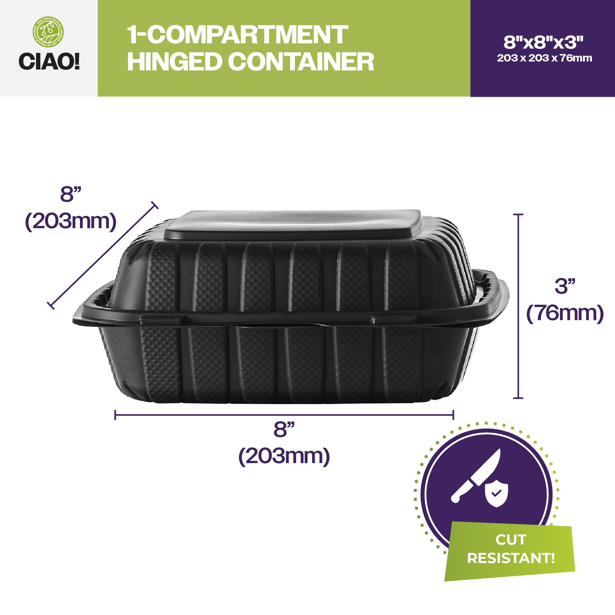 CIAO! 8"x8"X3" MFPP Black Hinged Container With Lid 1 Compartment (Case of 200) - Image 2